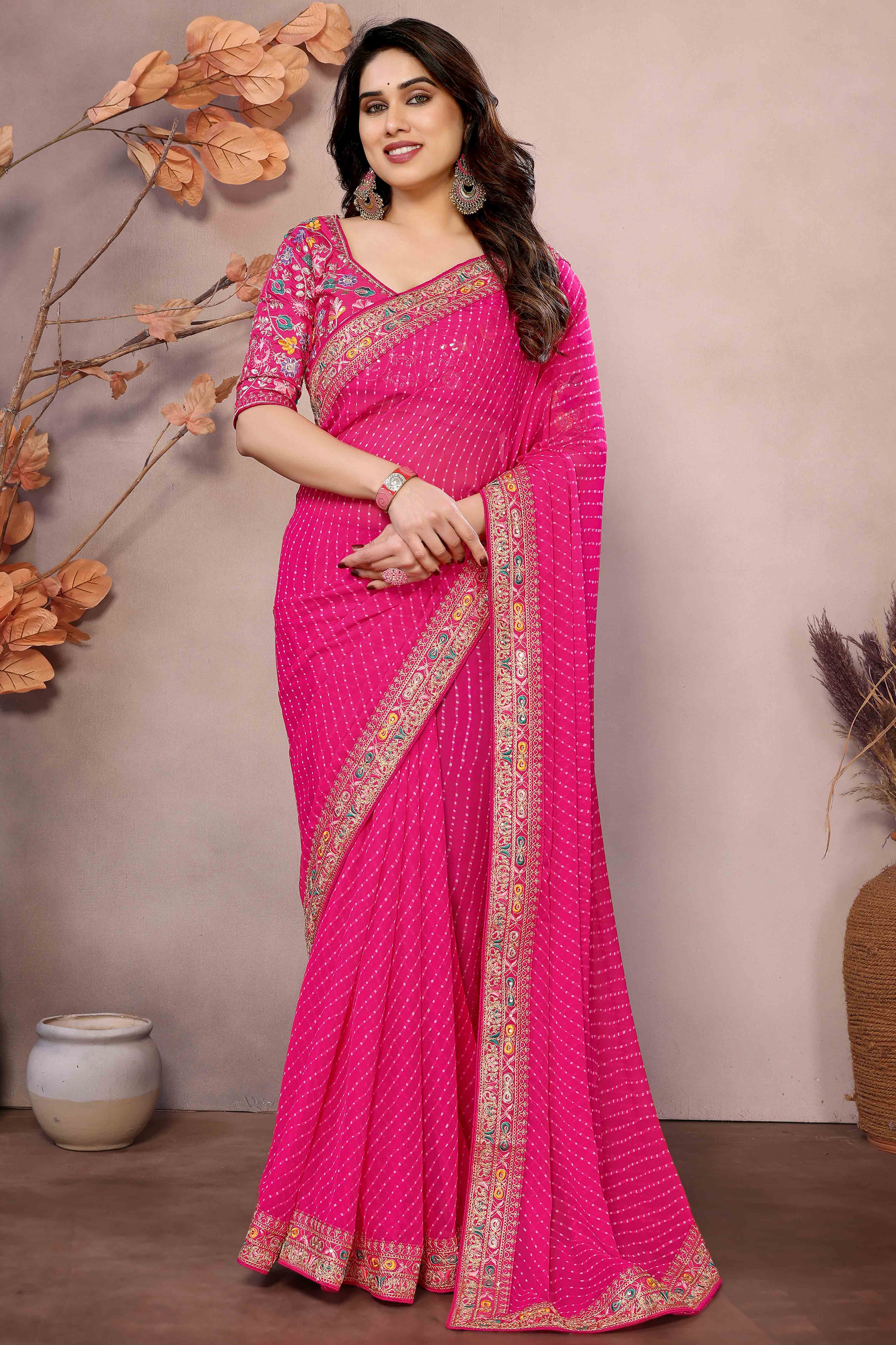 Pink Striped Printed Georgette Saree With Glittering Sequin Cording Embroidered Border