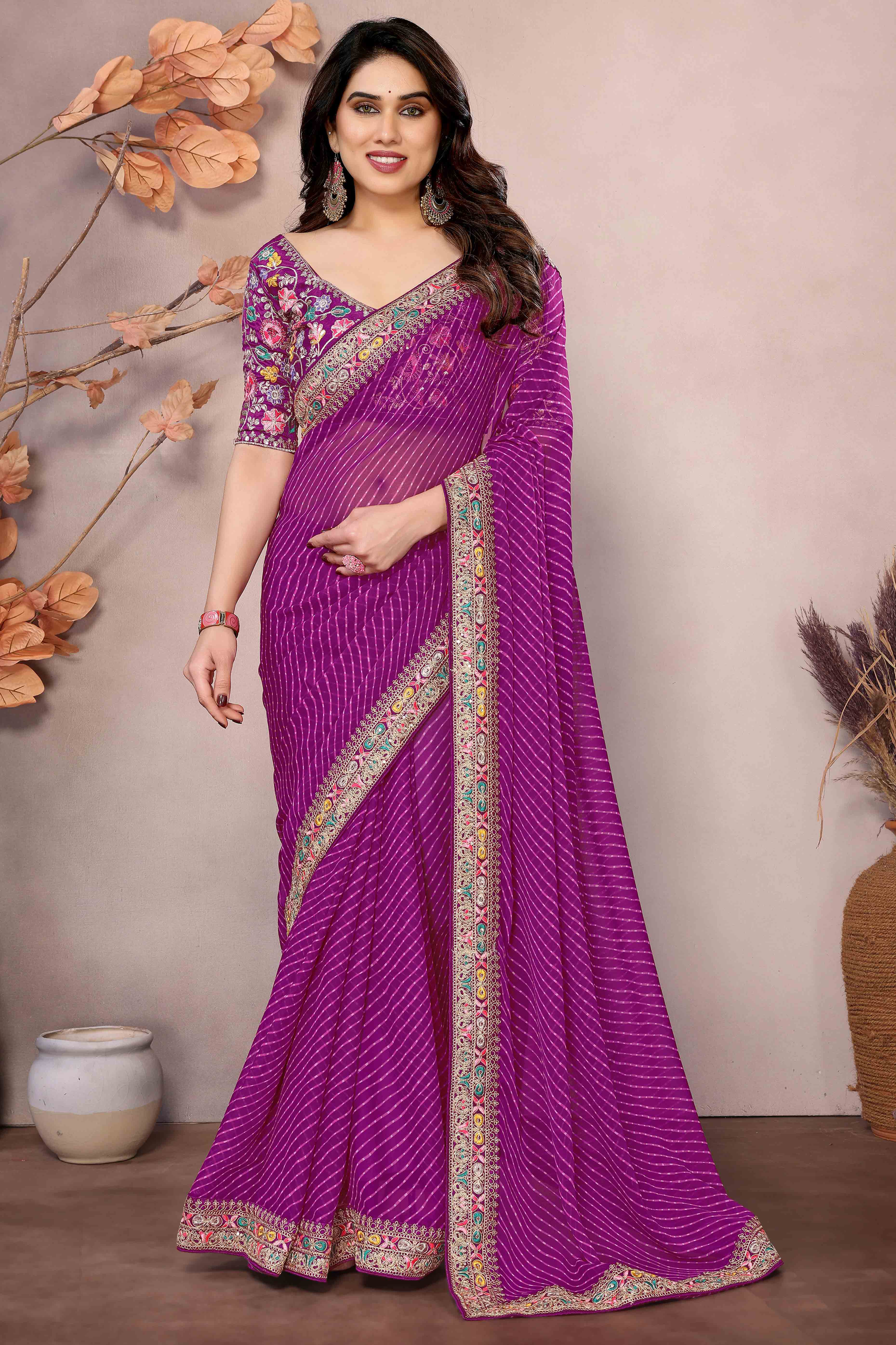 Purple Striped Printed Georgette Saree With Glittering Sequin Cording Embroidered Border