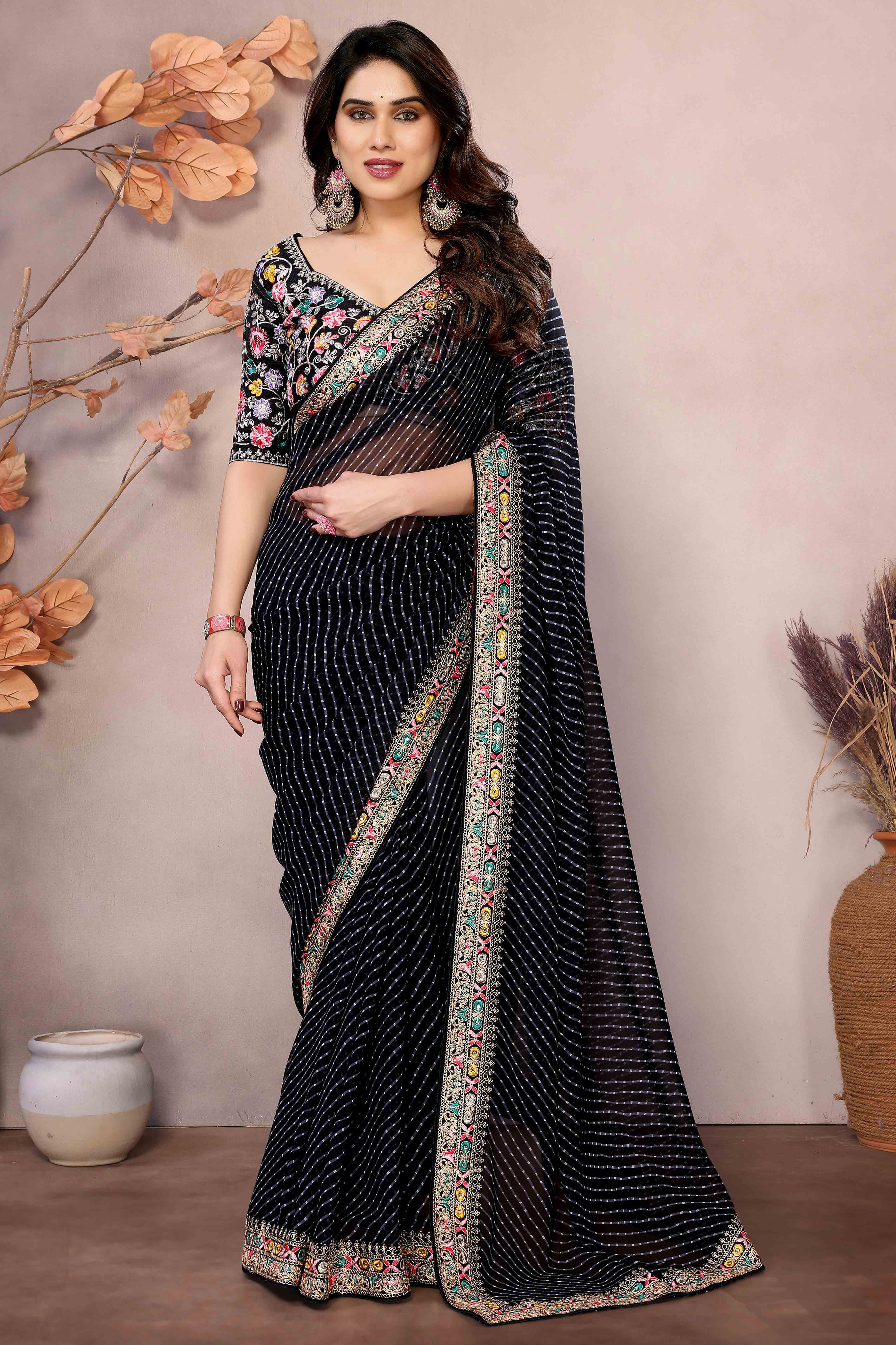 Black Striped Printed Georgette Saree With Glittering Sequin Cording Embroidered Border
