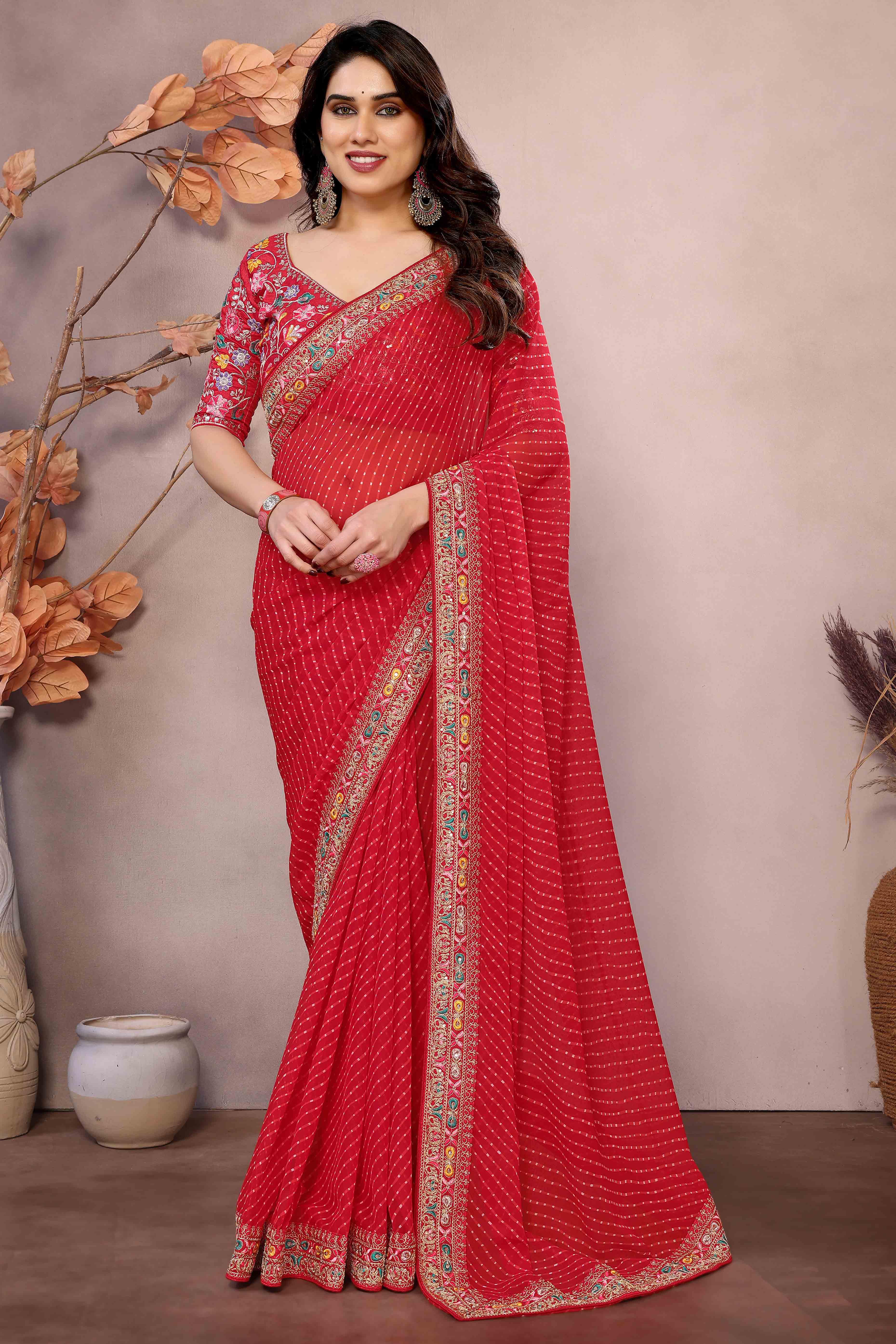 Red Striped Printed Georgette Saree With Glittering Sequin Cording Embroidered Border