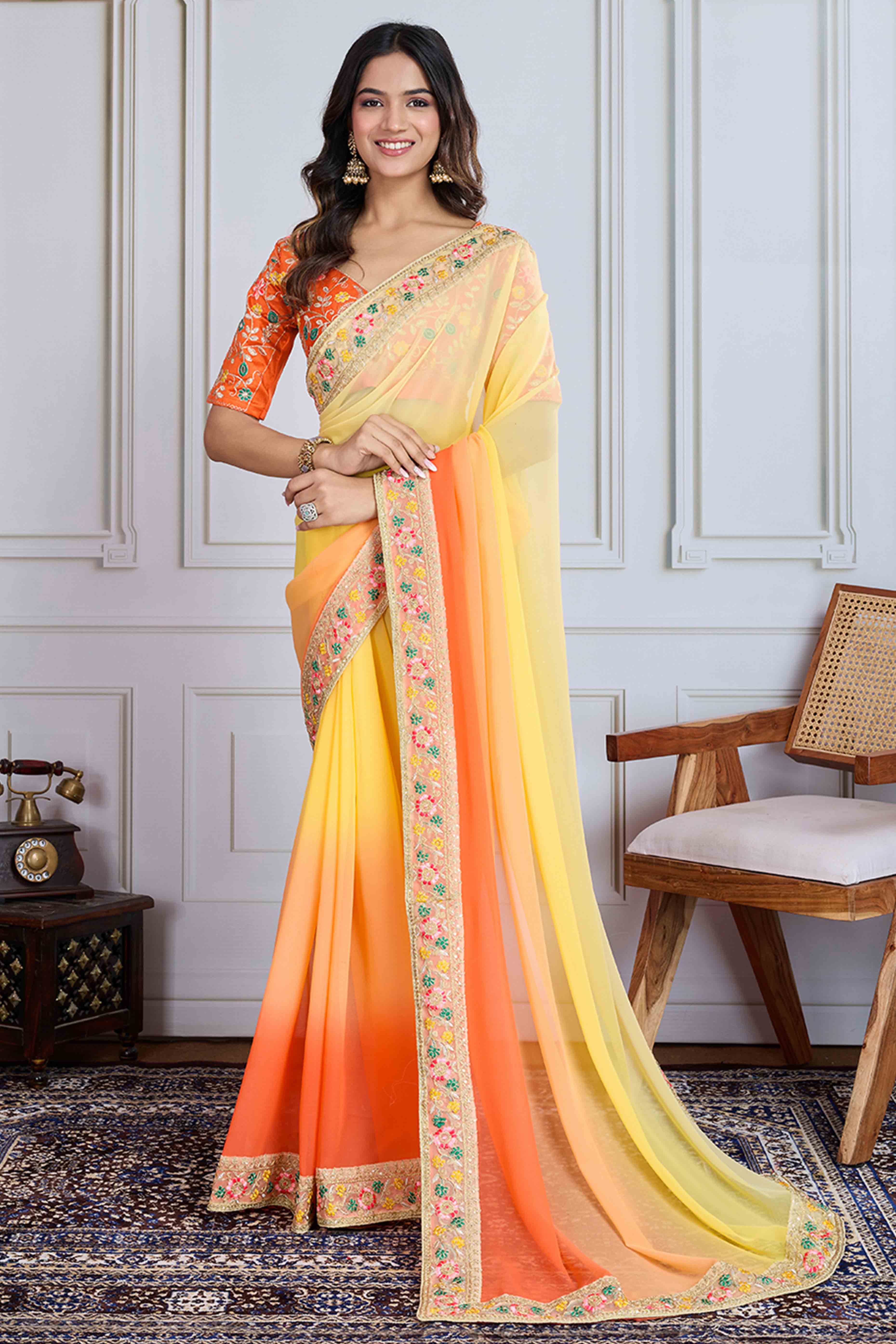 Yellow To Orange Georgette Ombre Saree With Intricate Floral Cording Embroidery & Sequin Detailing