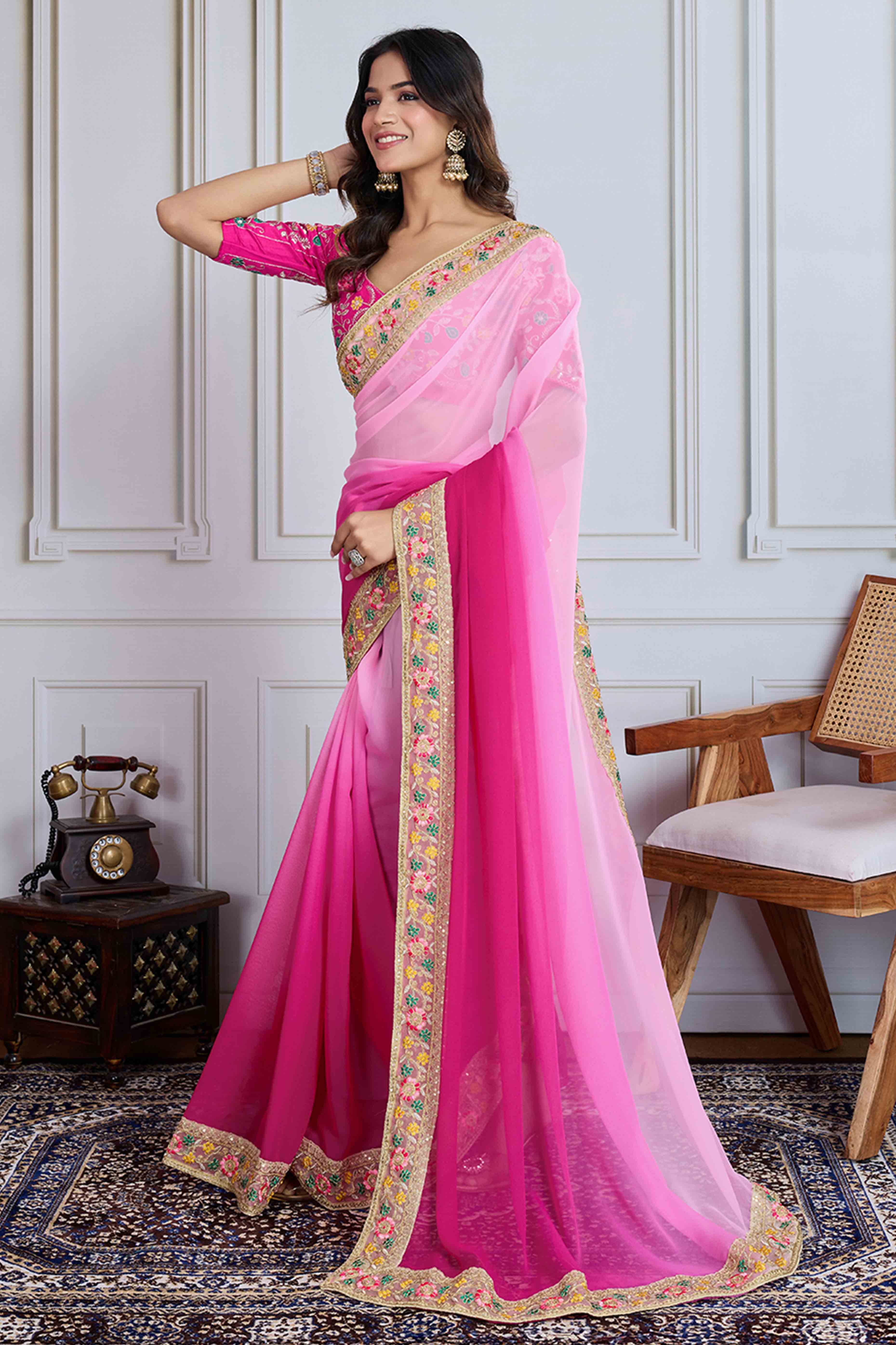 Pink To Magenta Georgette Ombre Saree With Intricate Floral Cording Embroidery & Sequin Detailing