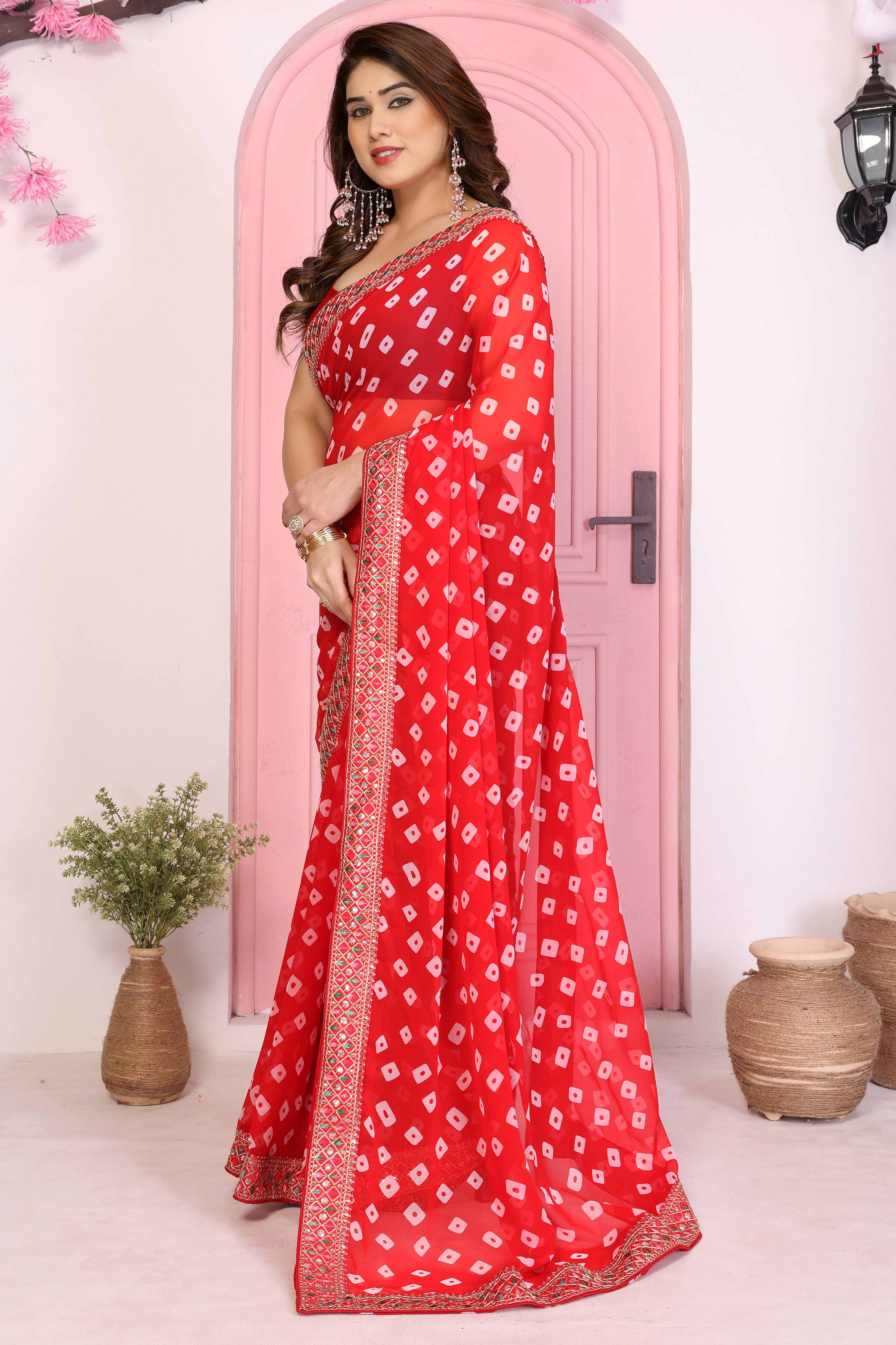 Red Georgette Saree With Bandhani Print & Exquisite Cording Embroidery Border