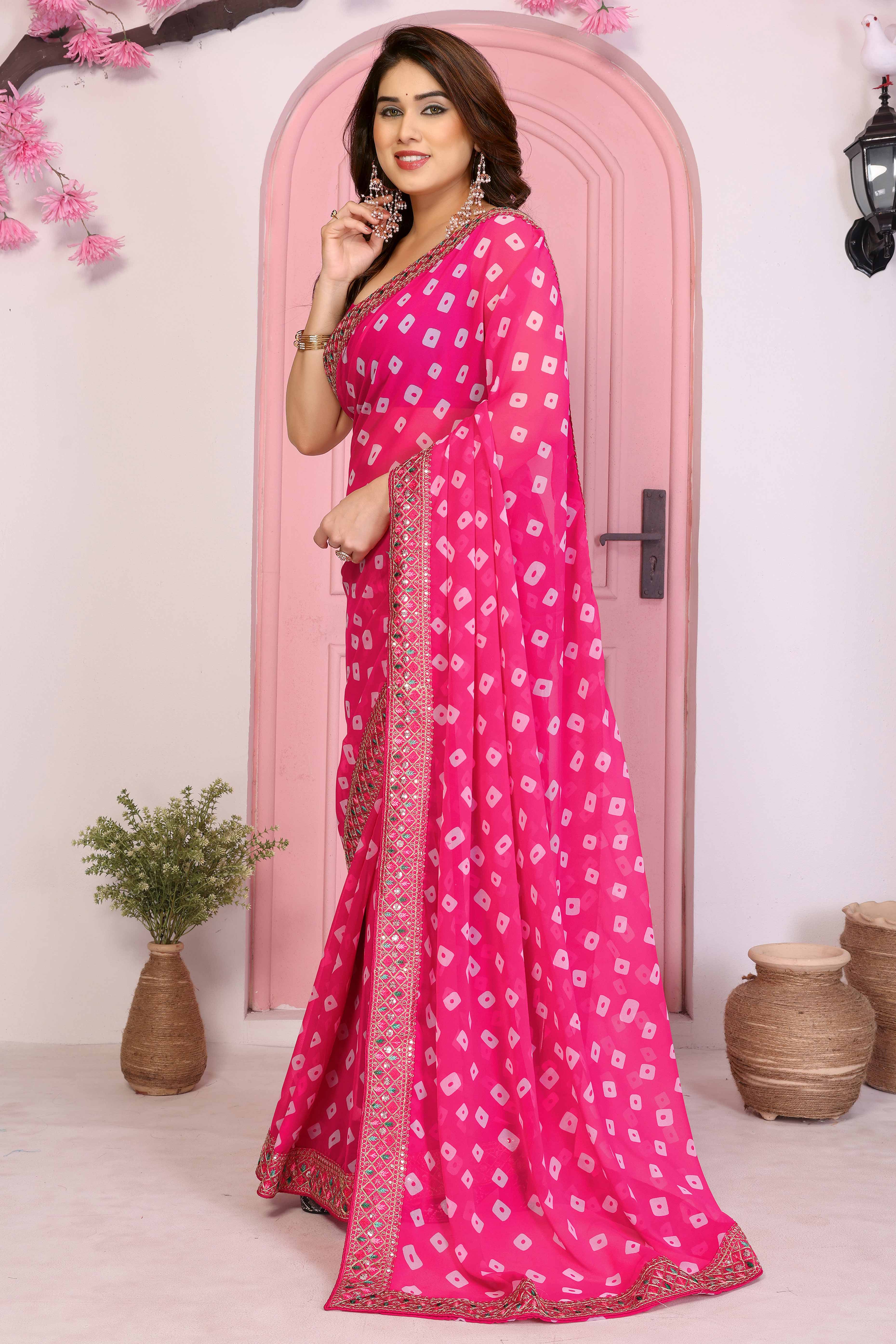Rani Pink Georgette Saree With Bandhani Print & Exquisite Cording Embroidery Border