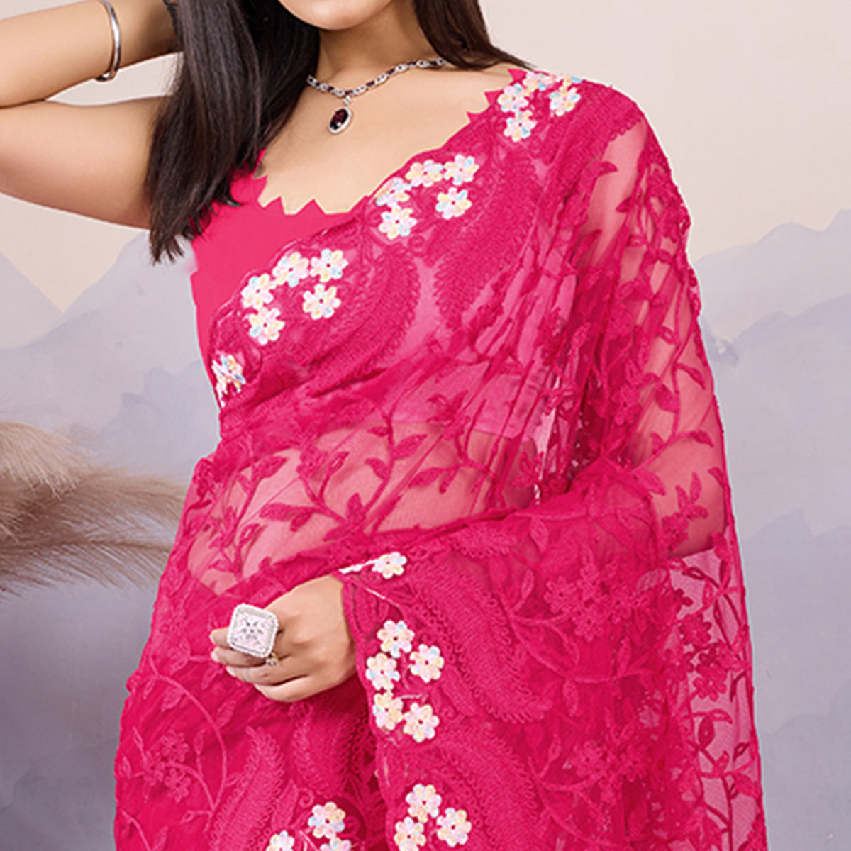 Pink Floral Thread Embroidered Net Saree