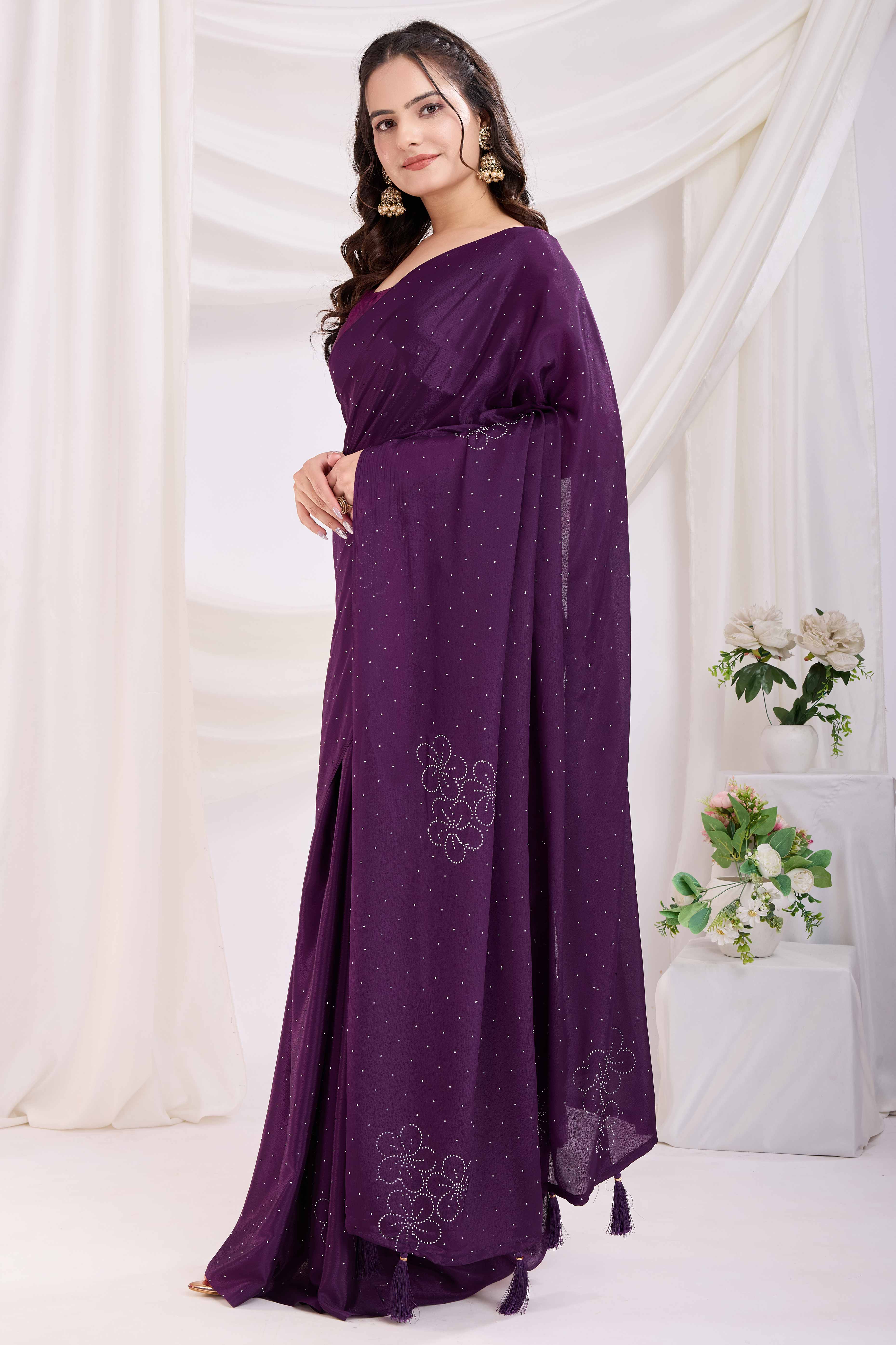 Purple Floral Swarovski Work Rangoli Art Silk Ready To Wear Saree