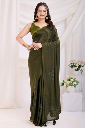 Mehendi Green Floral Swarovski Work Rangoli Art Silk Ready To Wear Saree