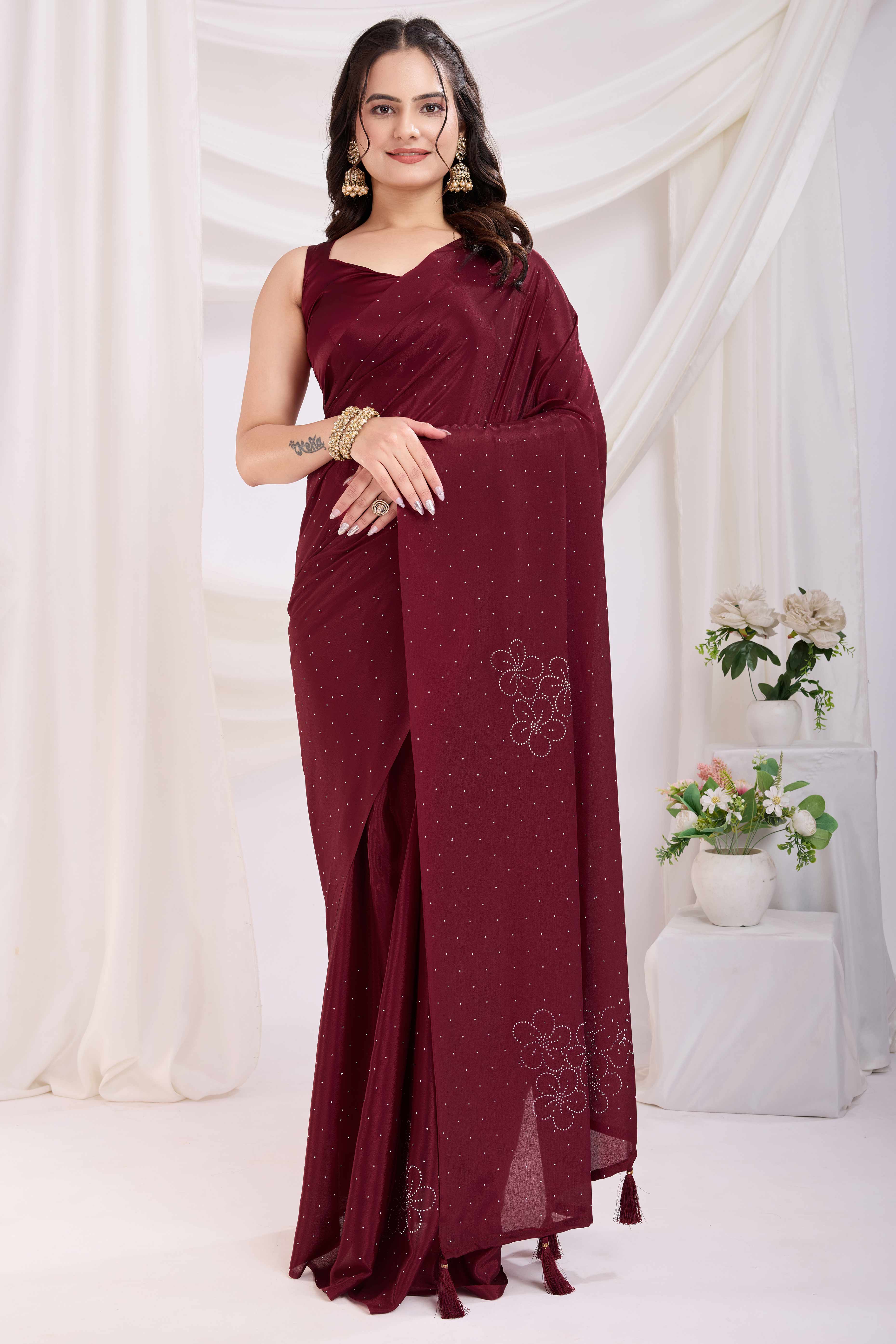 Maroon Floral Swarovski Work Rangoli Art Silk Ready To Wear Saree