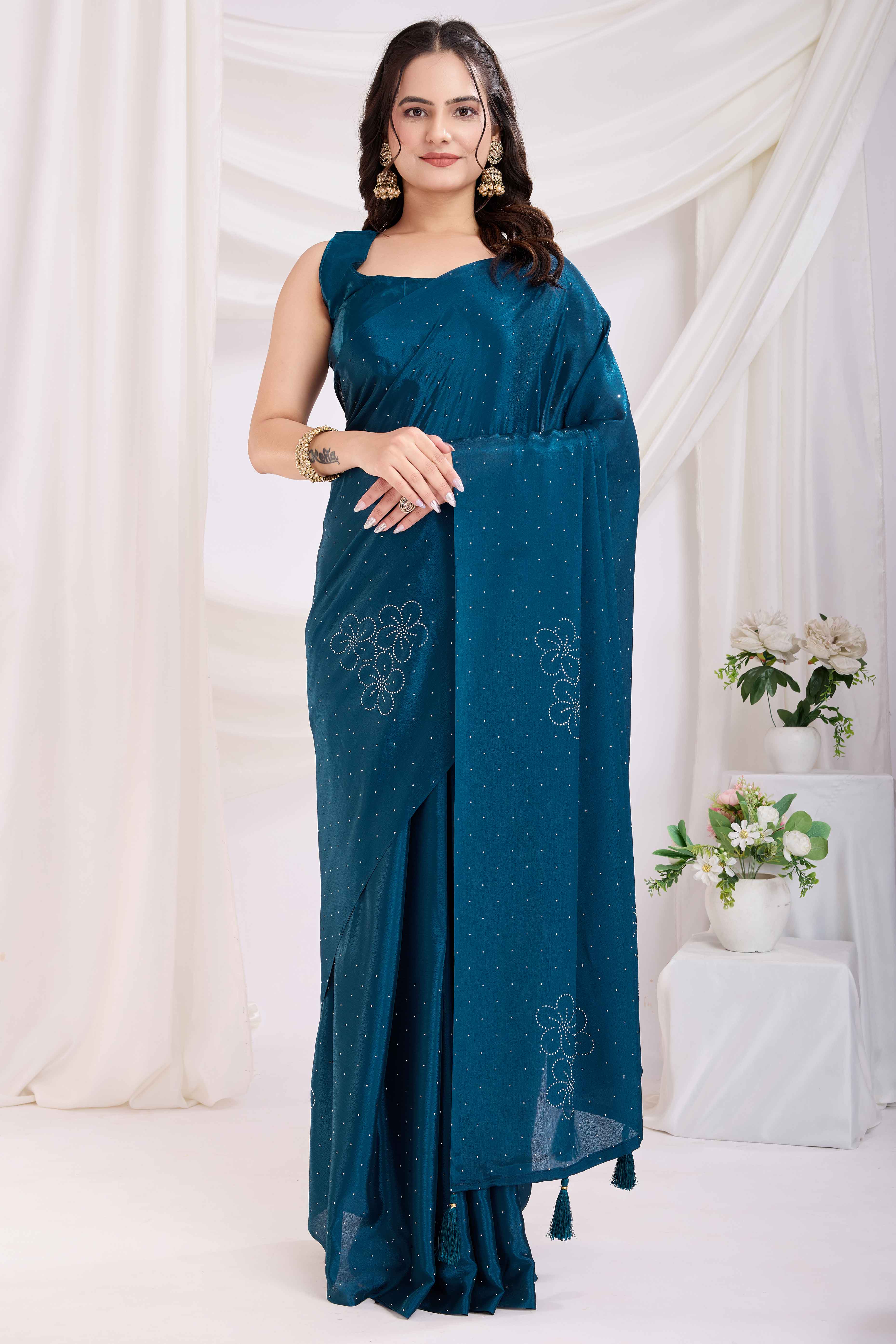 Blue Floral Swarovski Work Rangoli Art Silk Ready To Wear Saree