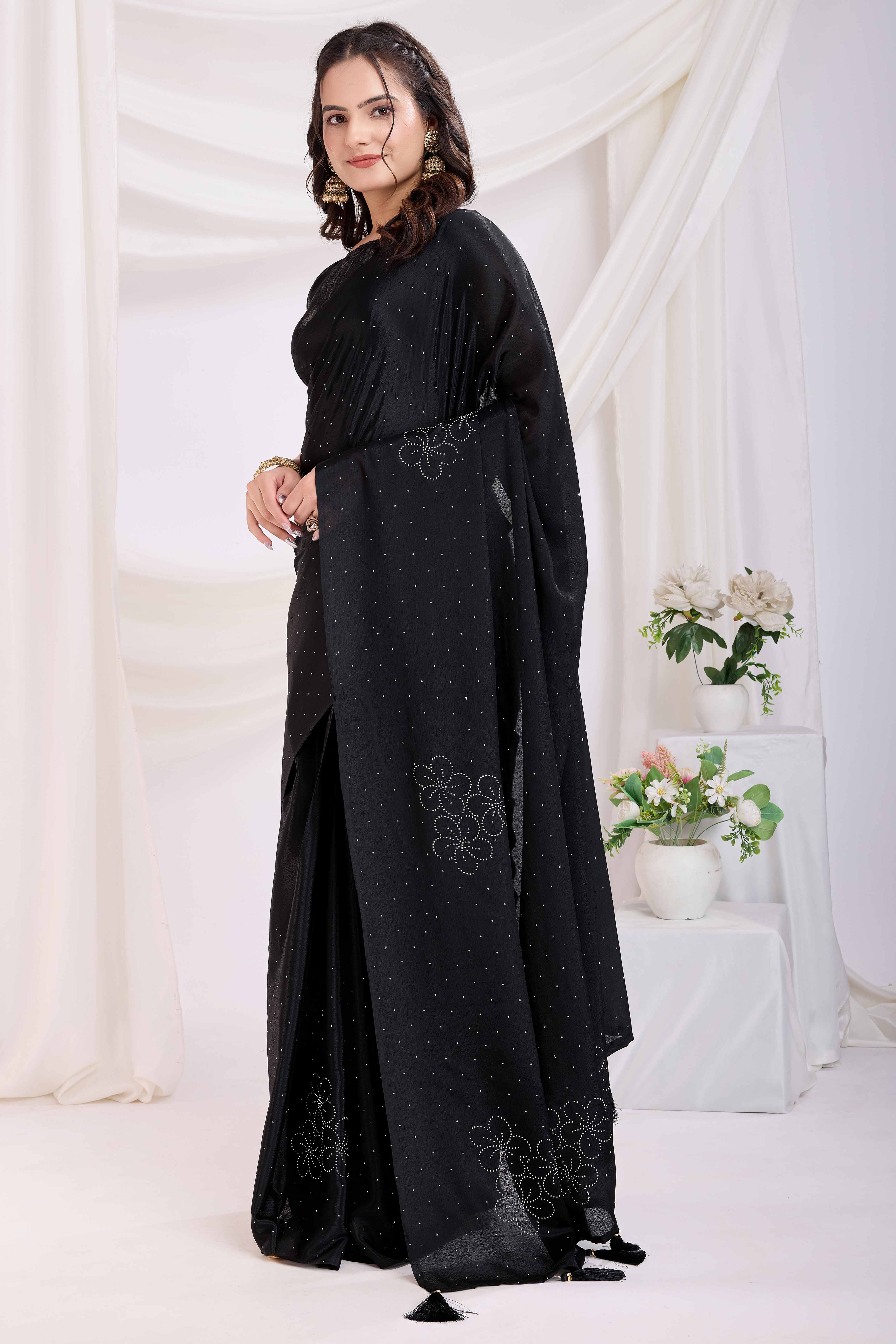 Black Floral Swarovski Work Rangoli Art Silk Ready To Wear Saree