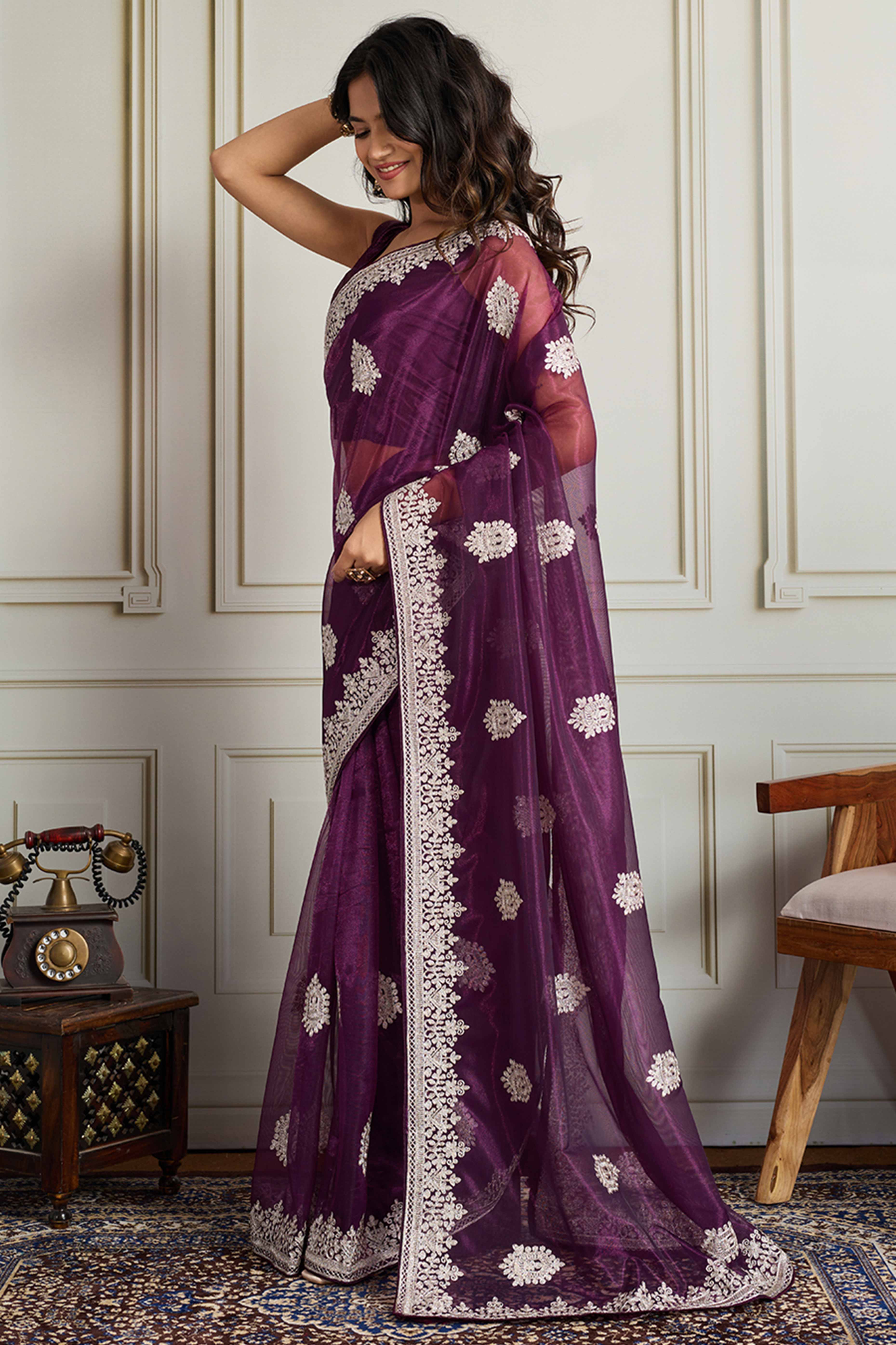 Stylish Purple Twill Net Saree Crafted With Floral Cording & Sequins Embroidery Work