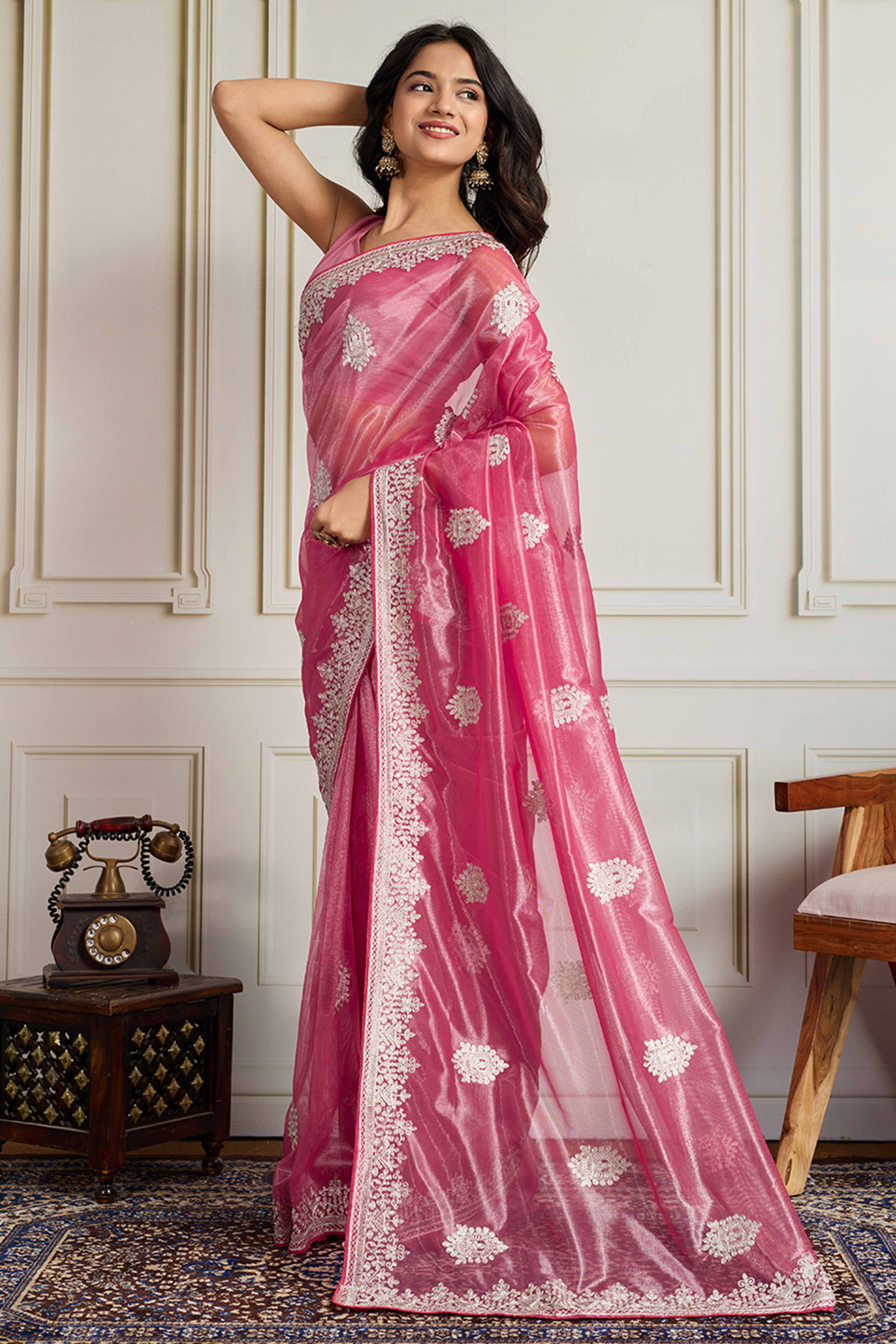 Elegant Pink Floral Cording Embroidered Twill Net Saree With Sequins Detailing