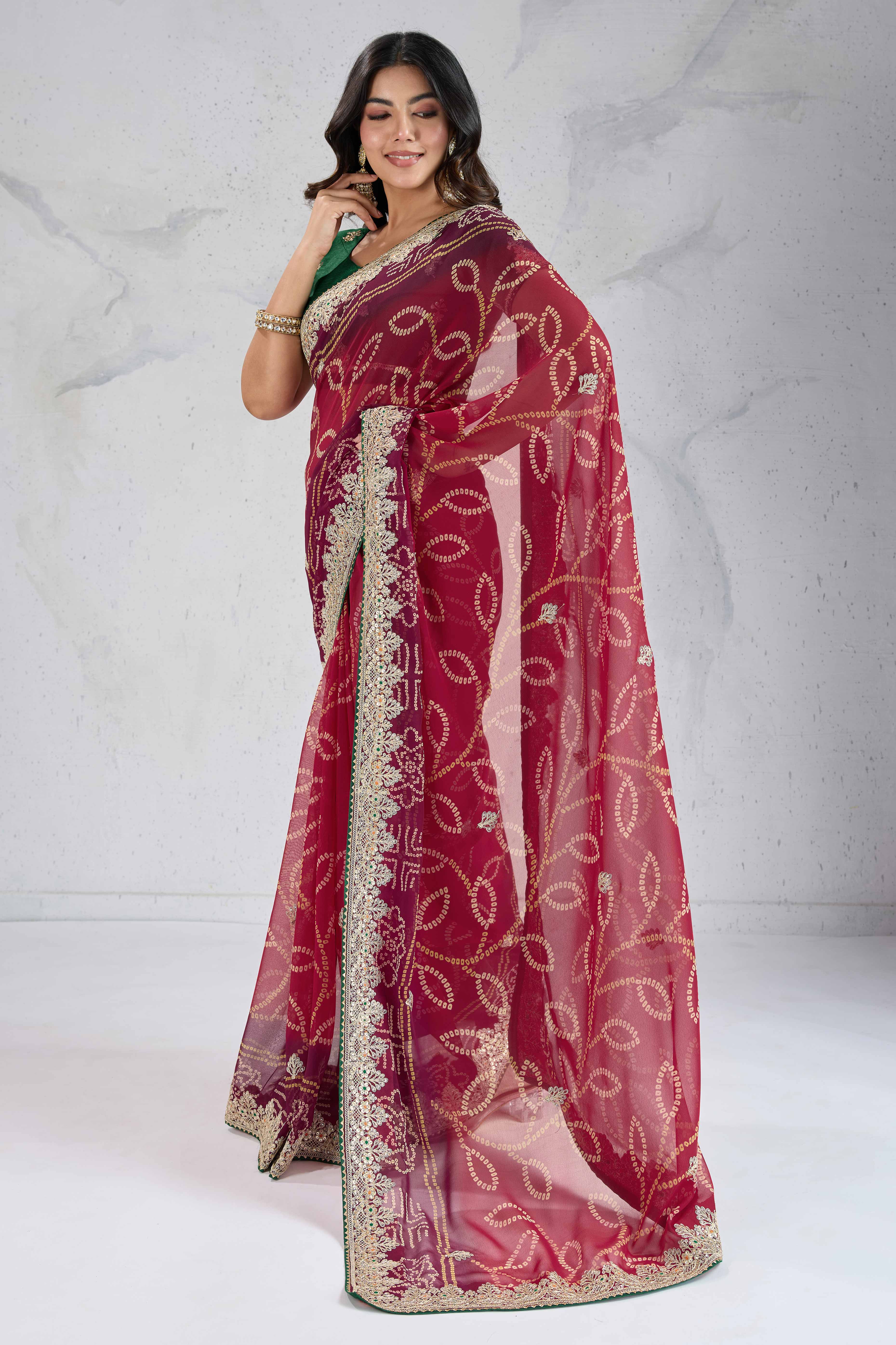 Traditional Bandhani Pink Georgette Saree with Fine Embroidery