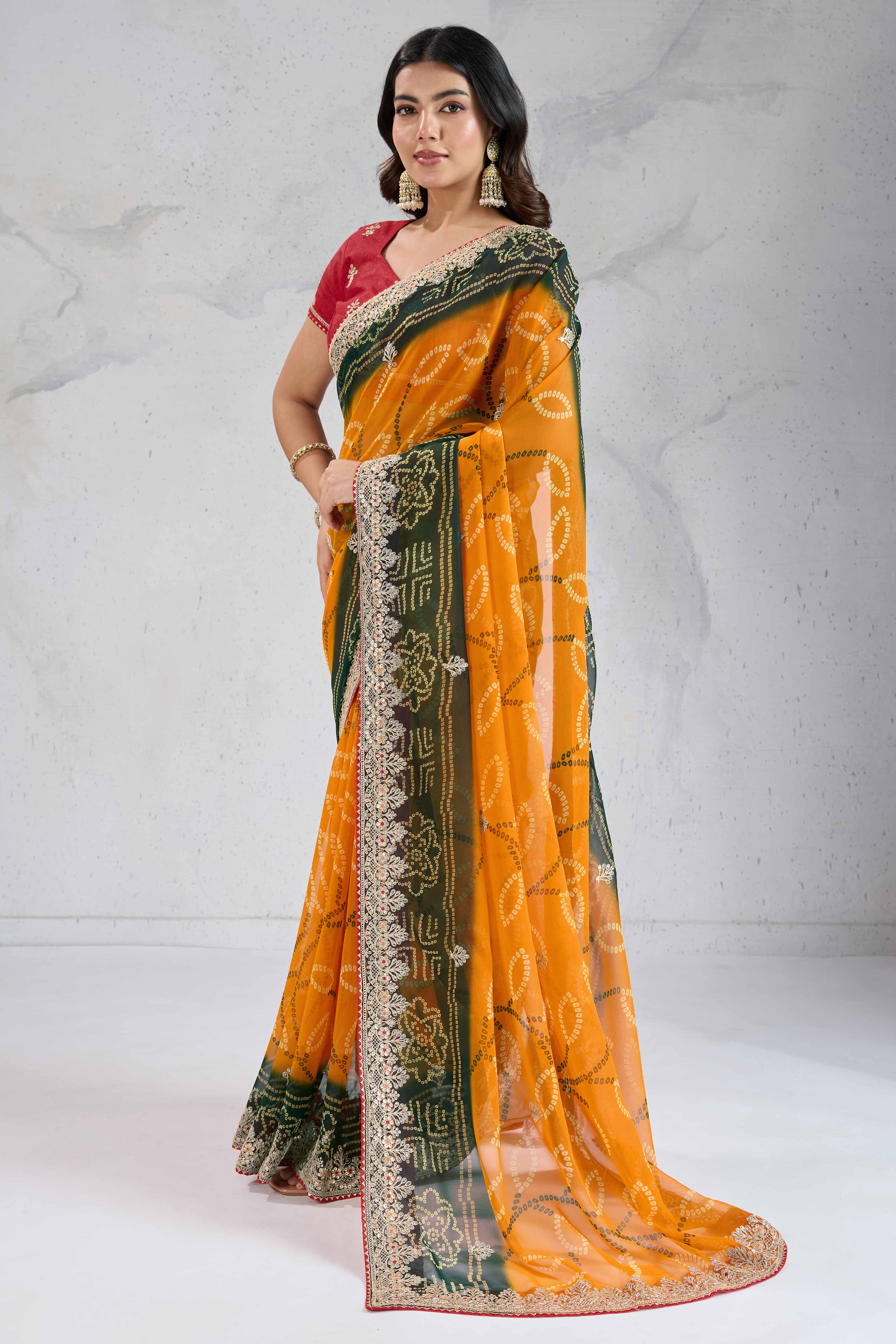 Traditional Bandhani Mustard Georgette Saree with Fine Embroidery