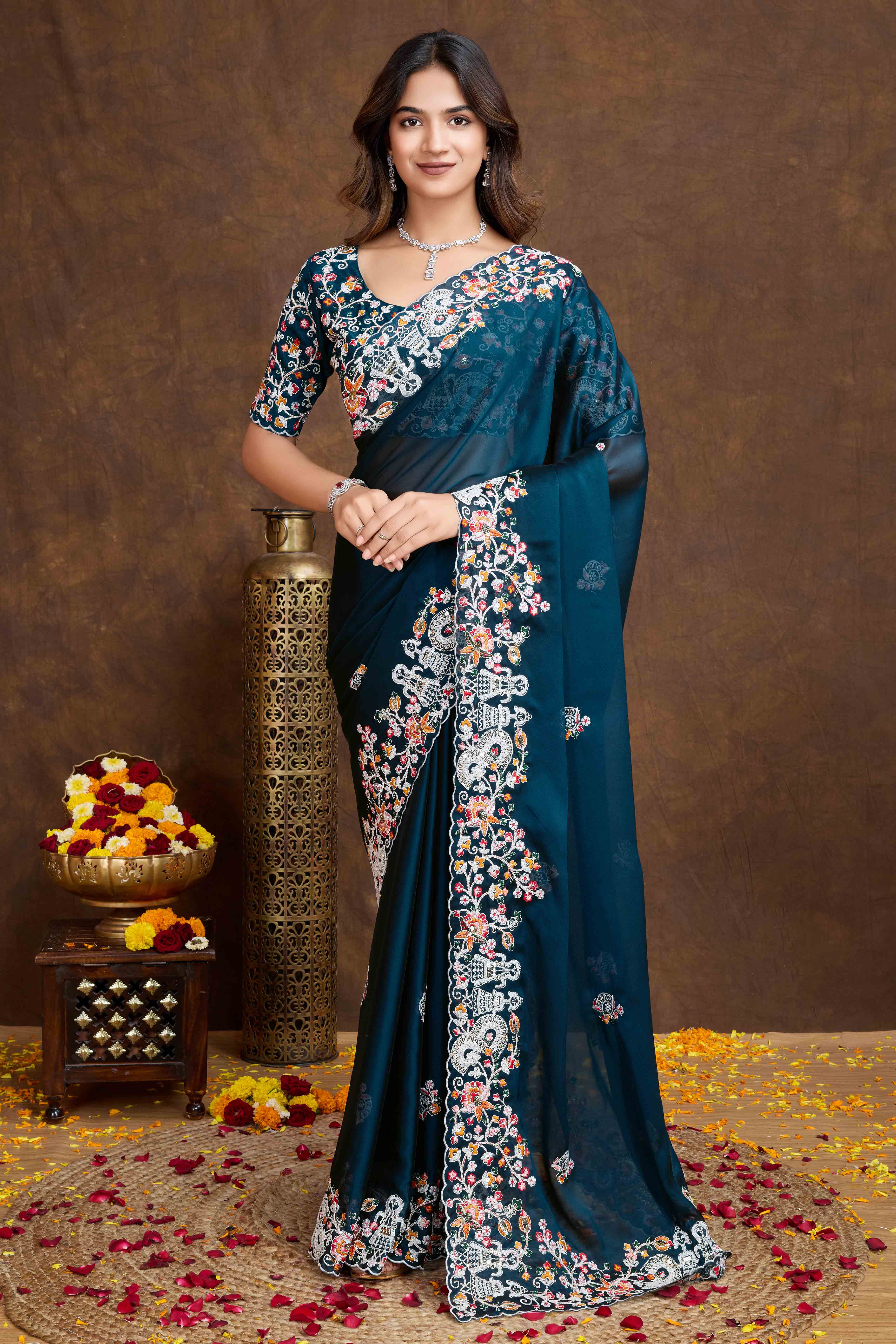 Morpich Blue Floral Sequins Embroidered Vichitra Rangoli Silk Saree