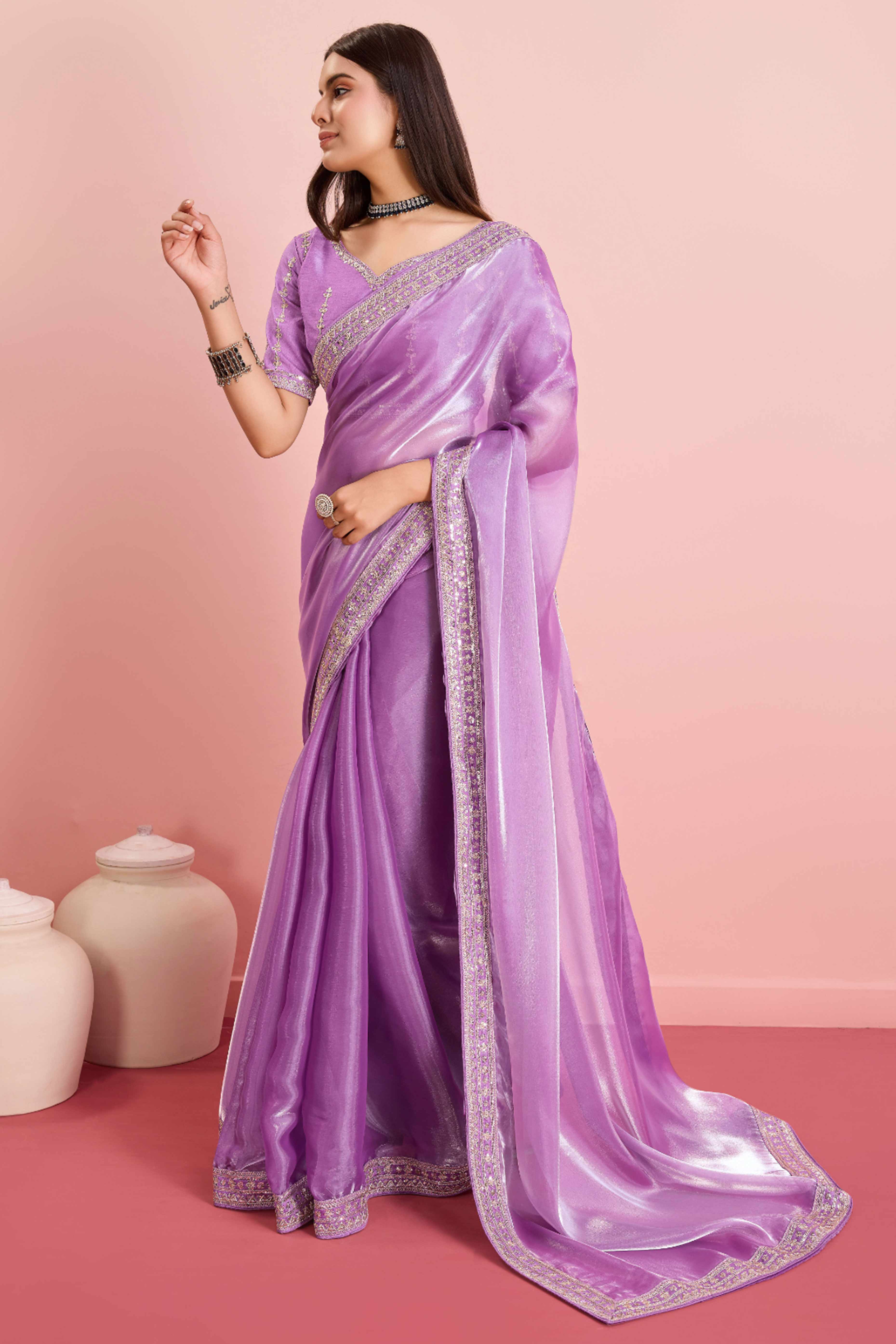 Lavender Solid With Floral Sequins Embroidered Jimmy Choo Tissue Saree