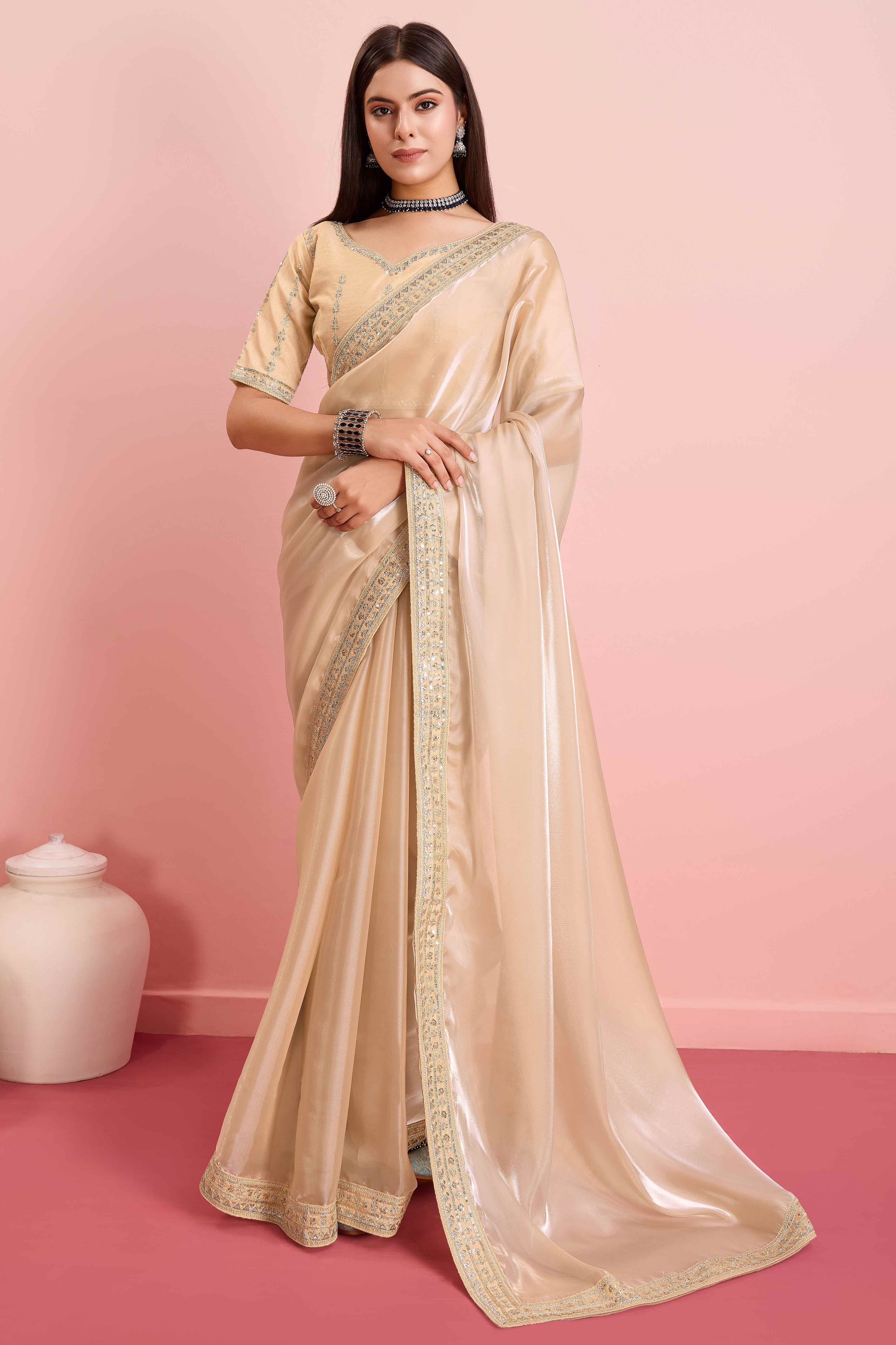 Cream Solid With Floral Sequins Embroidered Jimmy Choo Tissue Saree