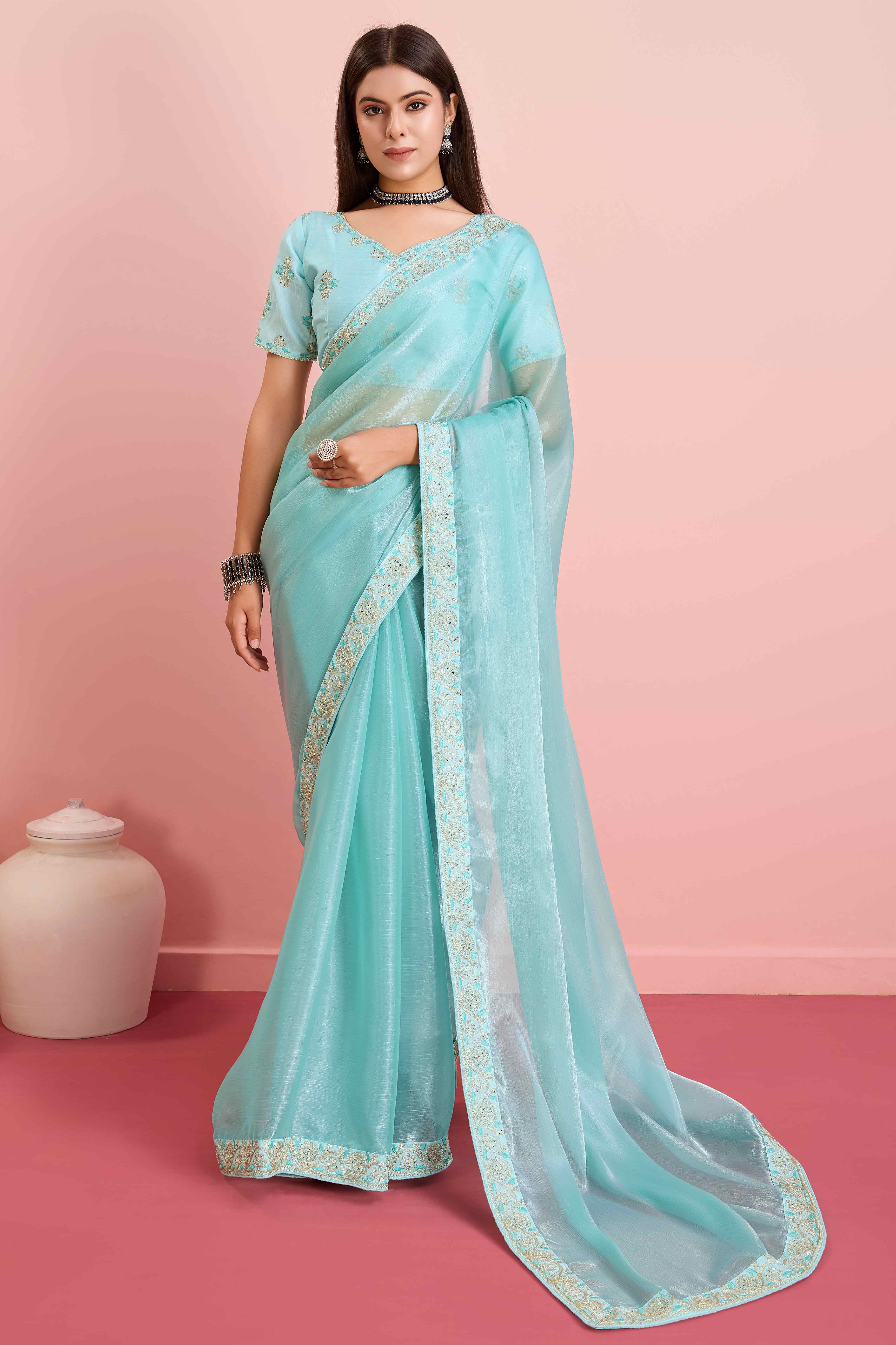 Blue Solid With Sequins Embroidery Border Mulberry Silk Saree
