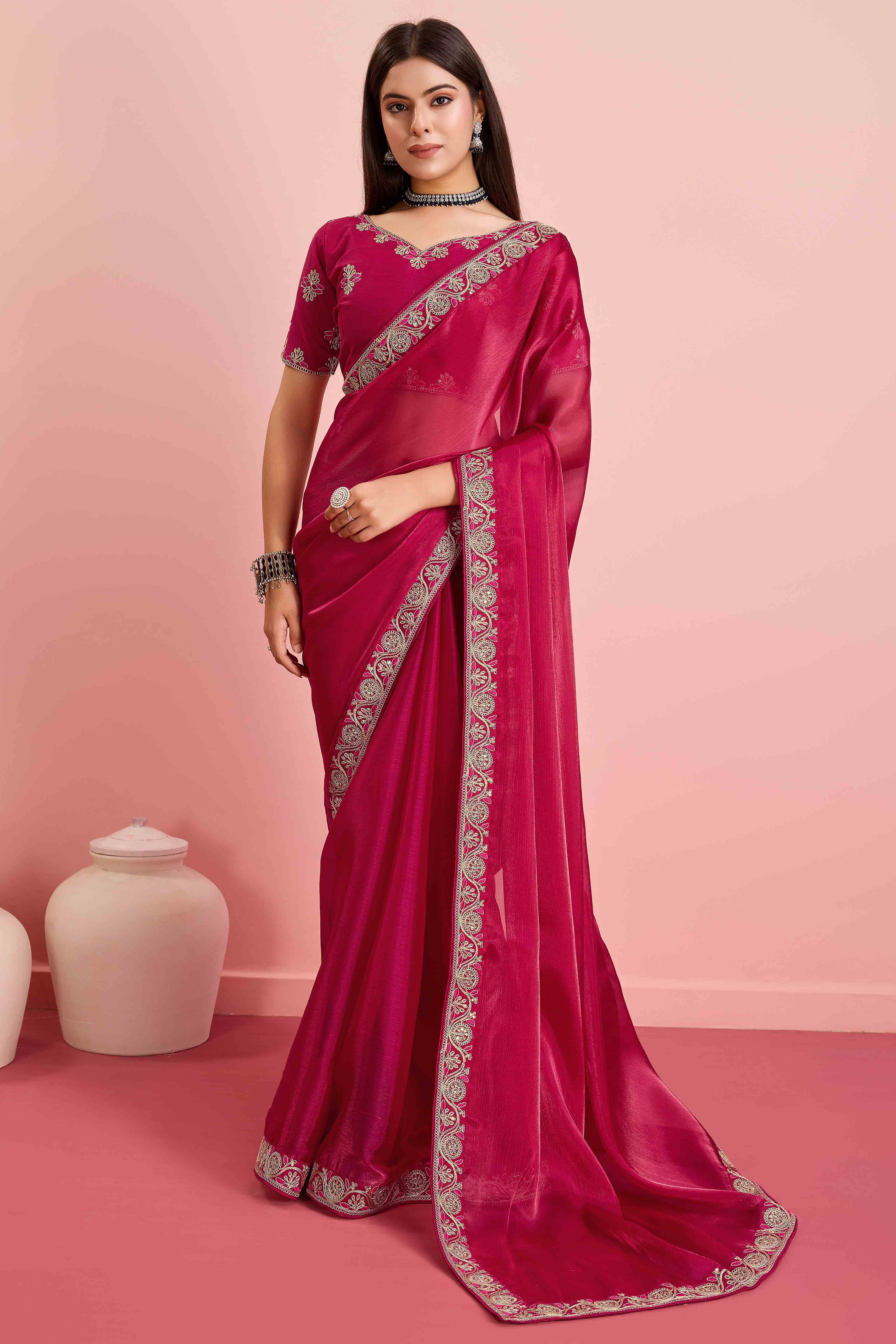 Rani Pink Solid With Sequins Embroidery Border Mulberry Silk Saree