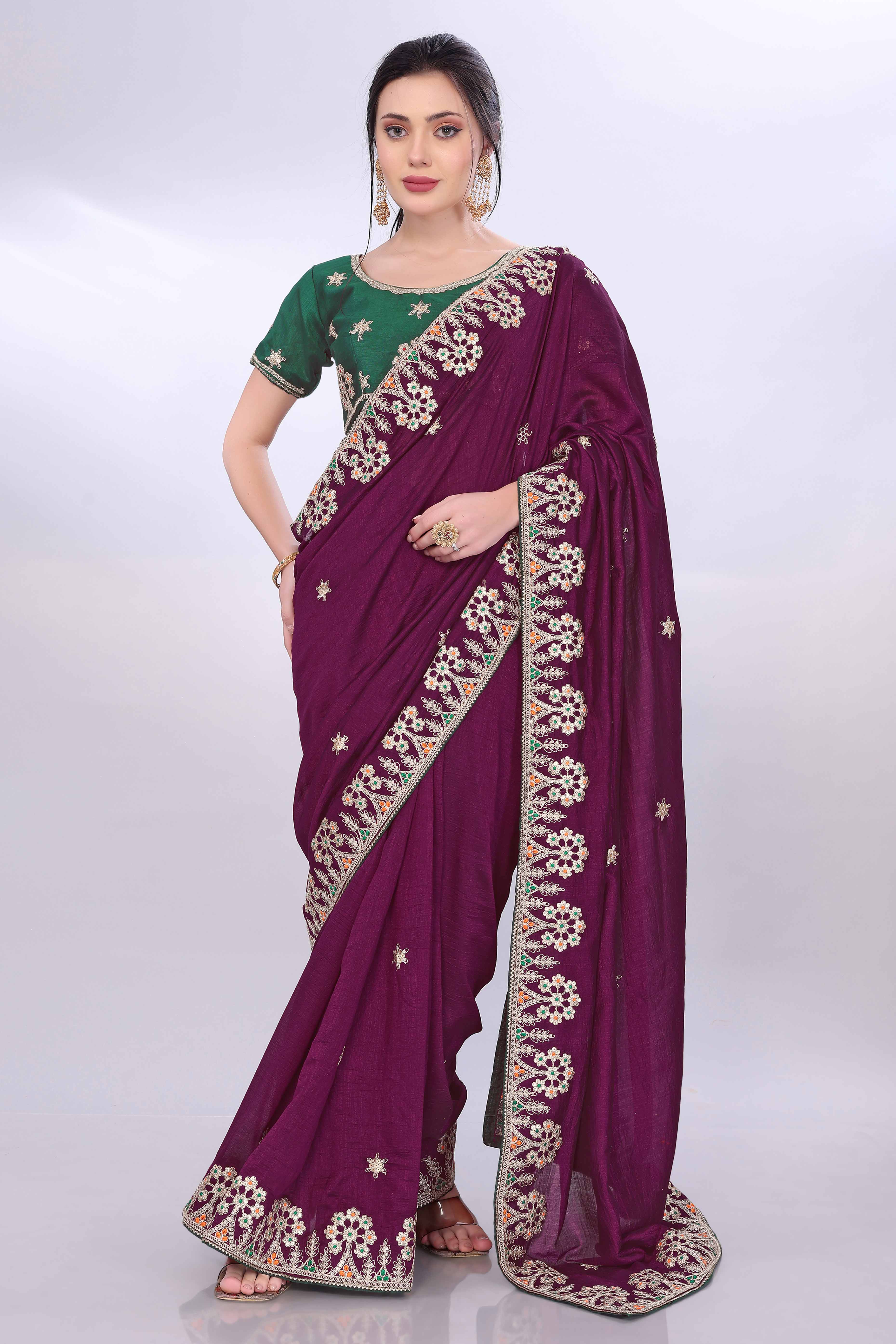 Wine Vichitra Silk Saree Embellished With Floral Cording Embroidery & Sparkling Sequins