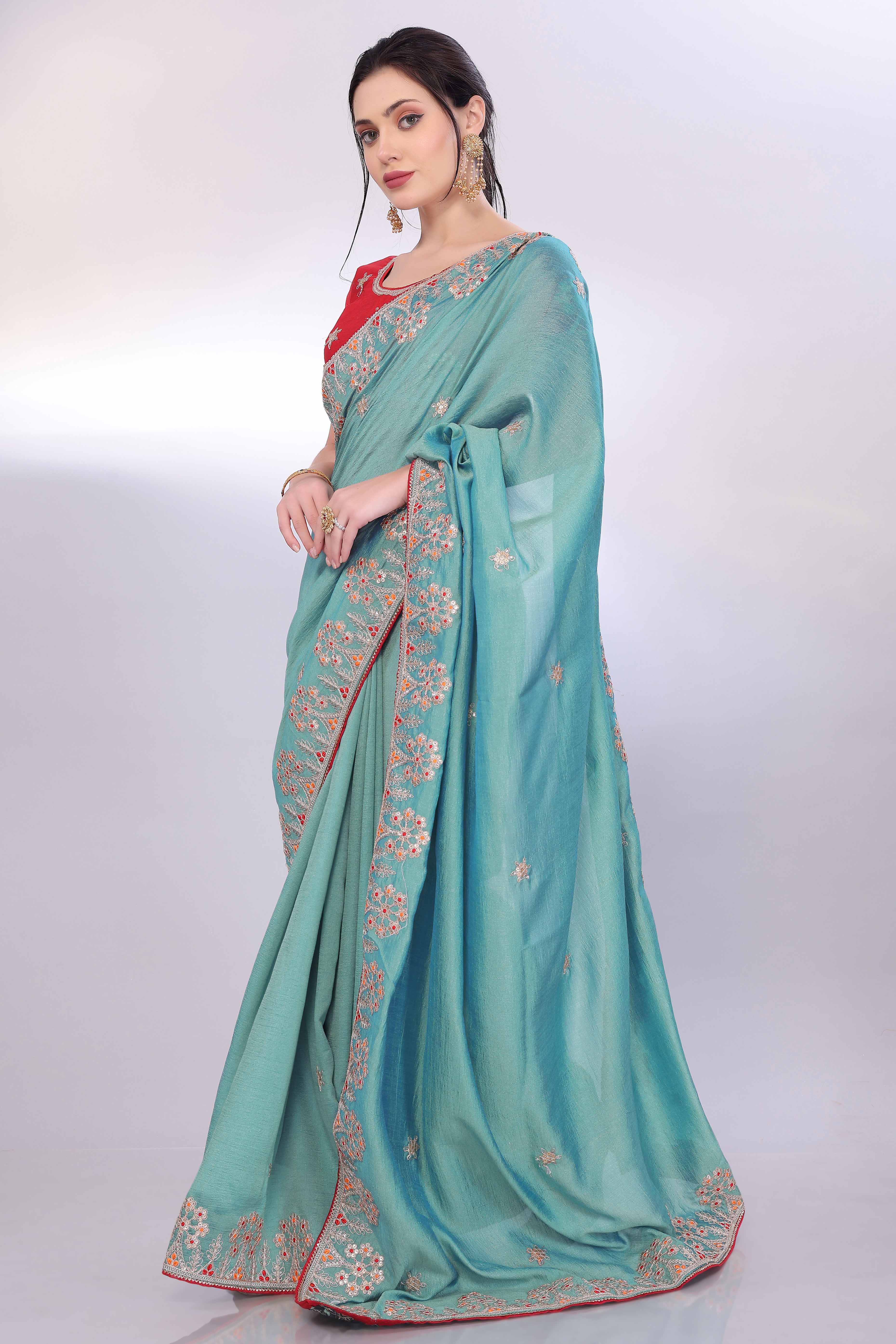 Turquoise Vichitra Silk Saree Embellished With Floral Cording Embroidery & Sparkling Sequins