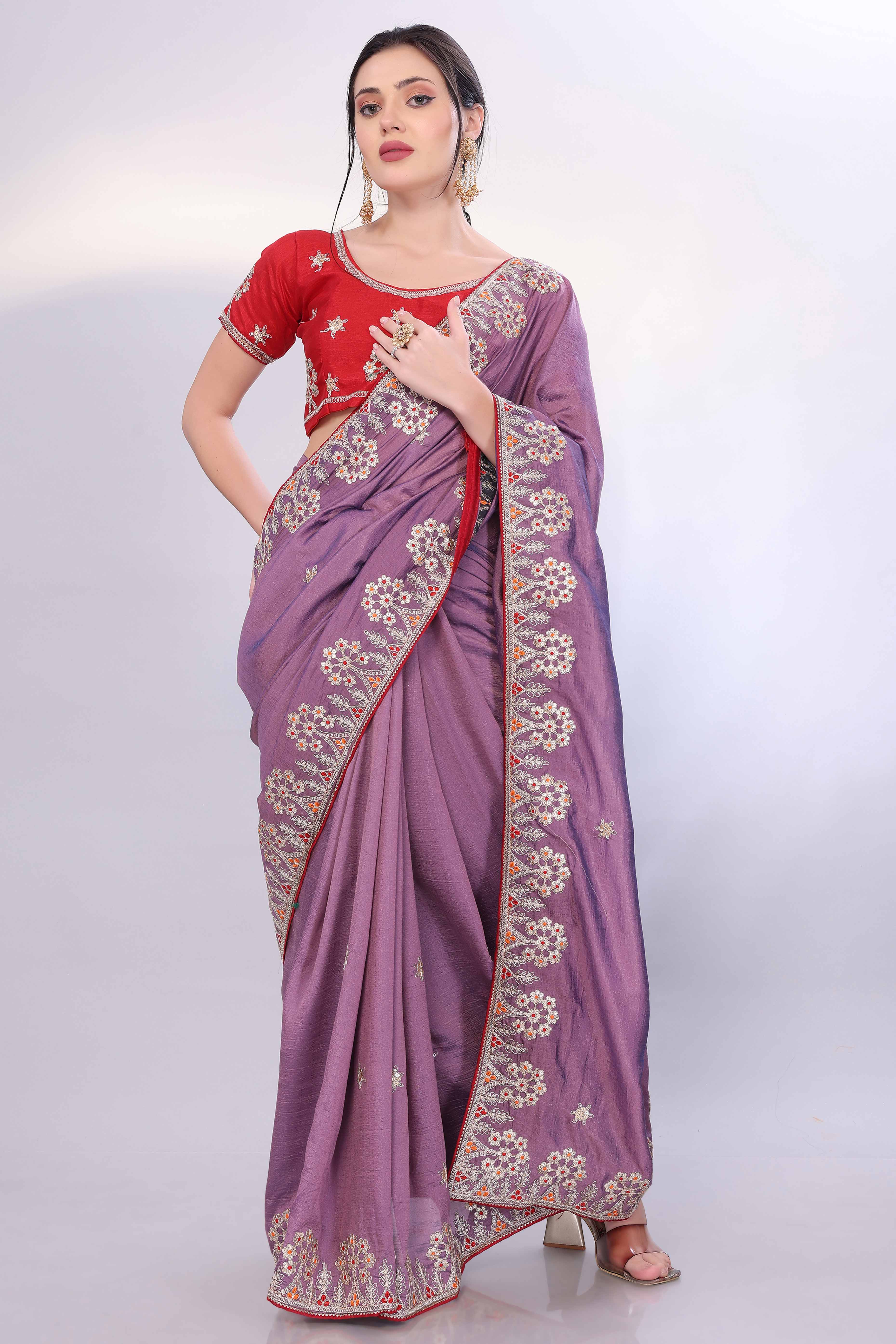 Lavender Vichitra Silk Saree Embellished With Floral Cording Embroidery & Sparkling Sequins