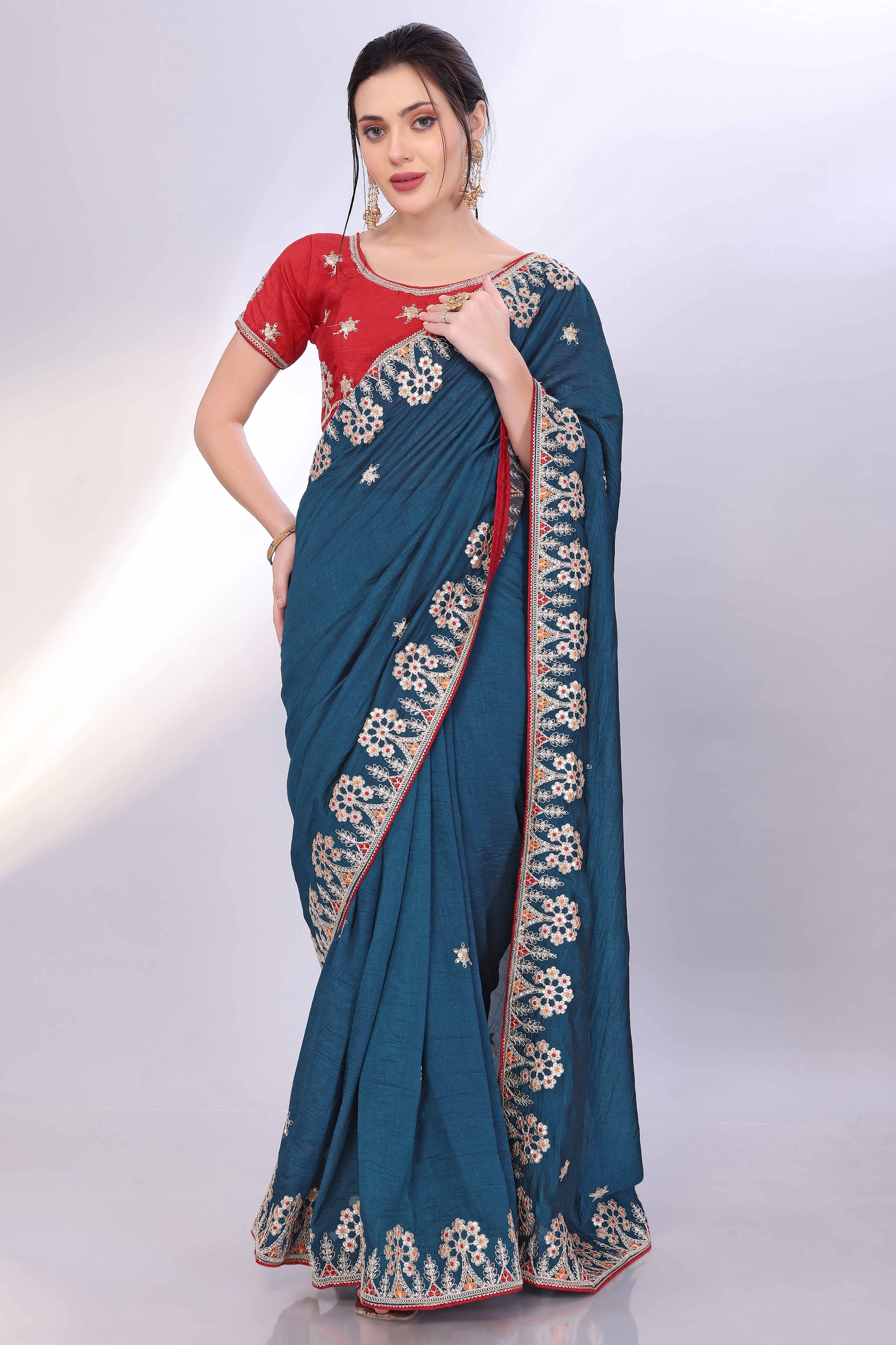 Morpich Blue Vichitra Silk Saree Embellished With Floral Cording Embroidery & Sparkling Sequins