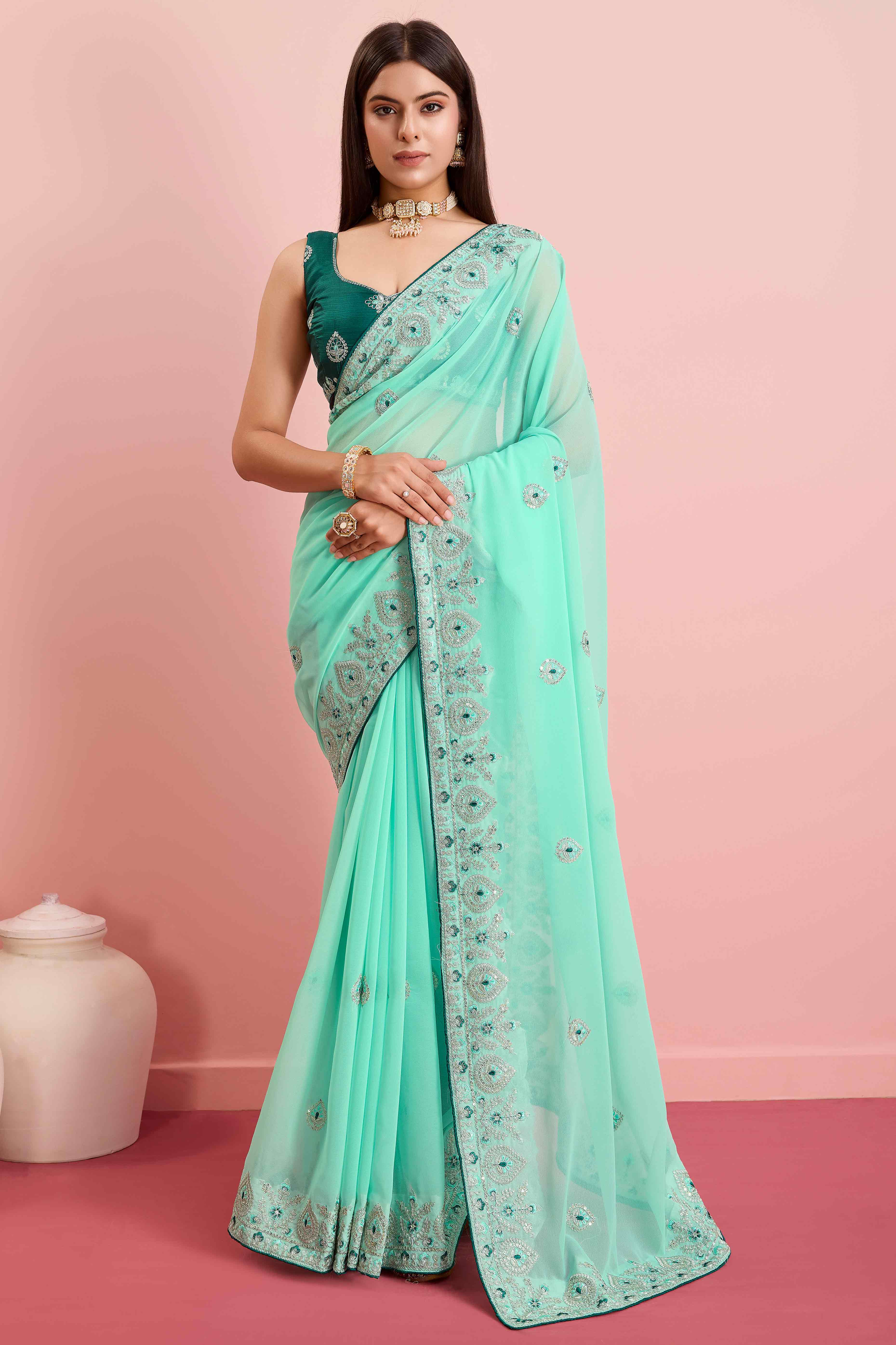 Turquoise Floral Sequins Embroidered Georgette Saree