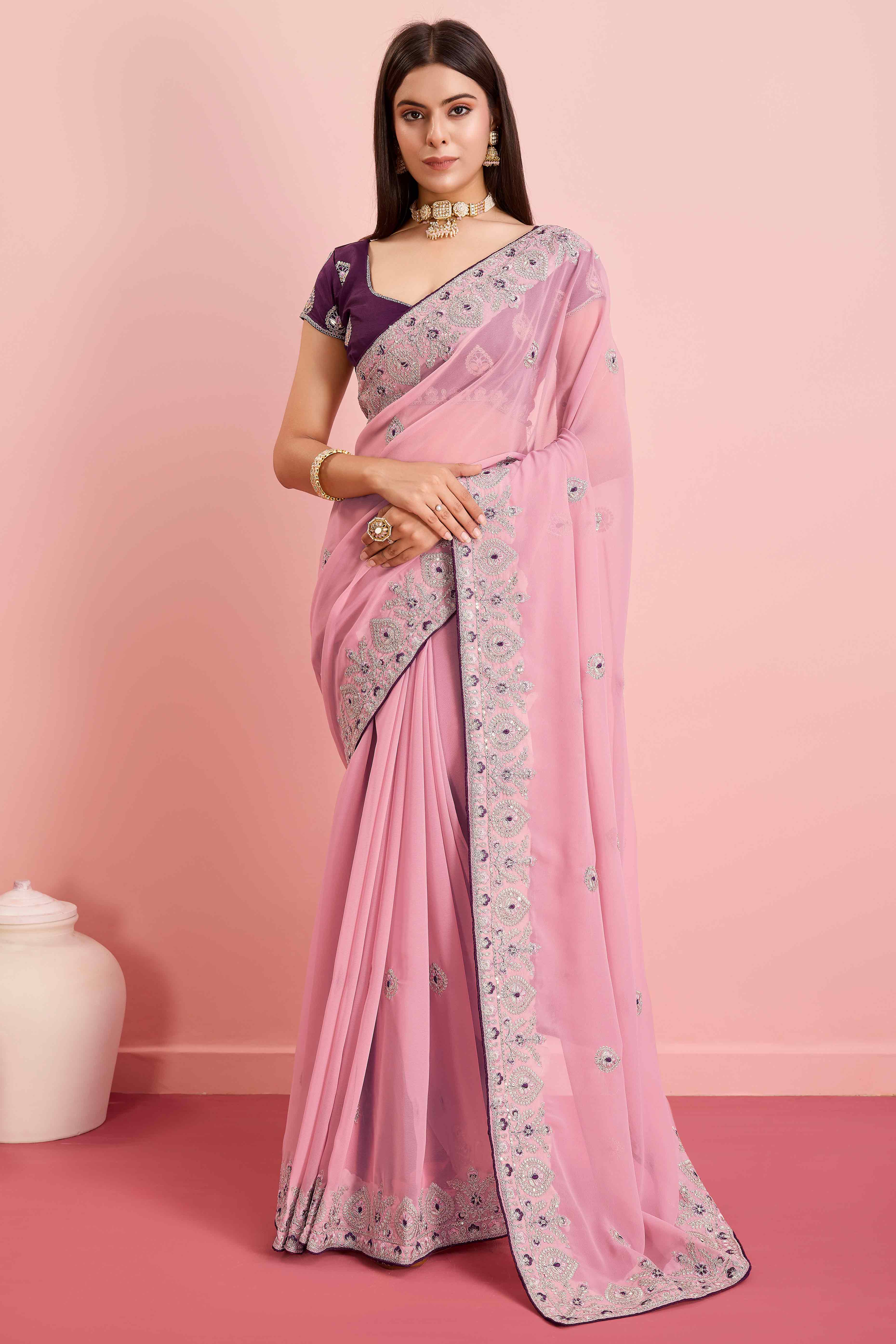 Pink Floral Sequins Embroidered Georgette Saree