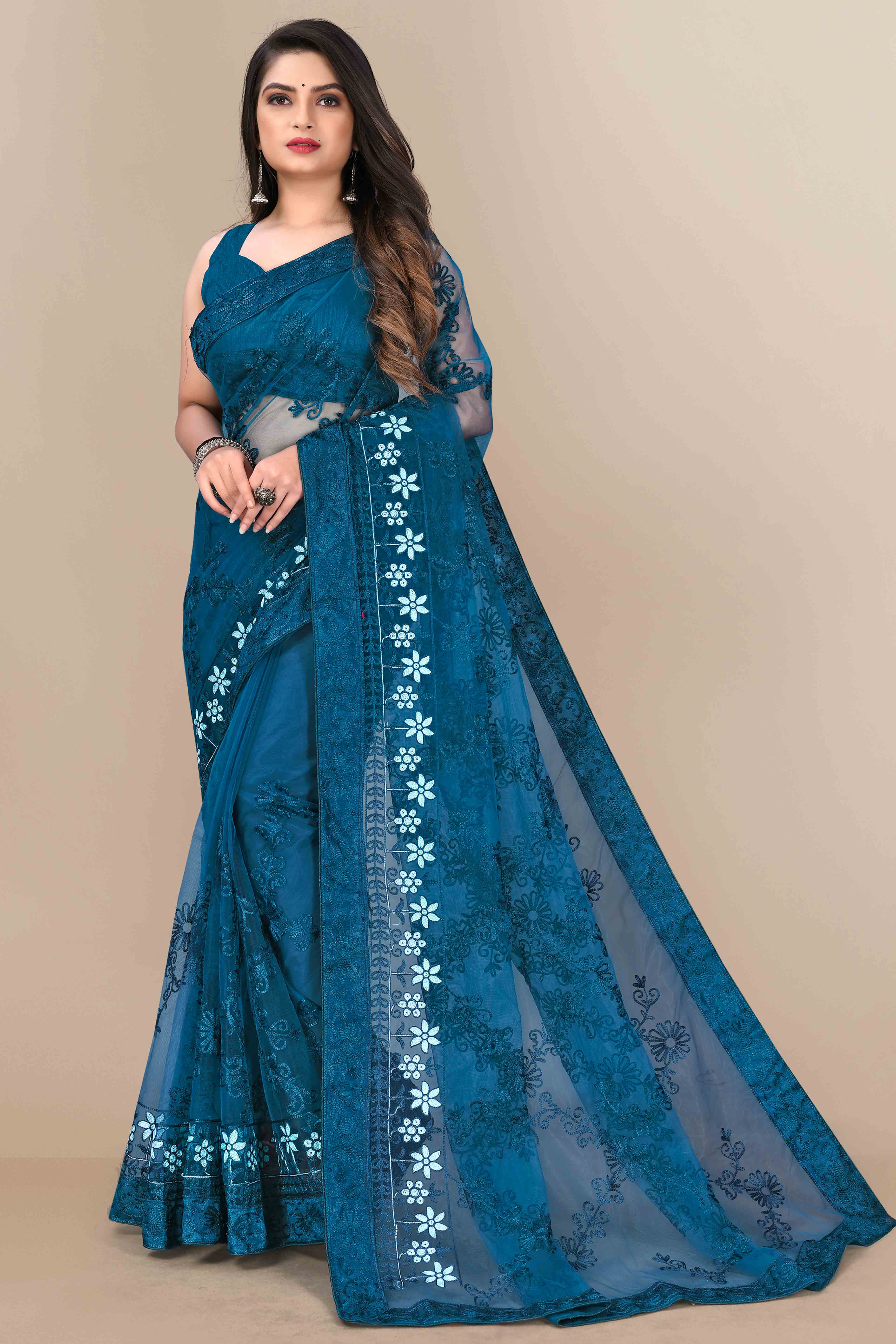 Teal Party Wear Net Saree Featuring Rich Floral Embroidery
