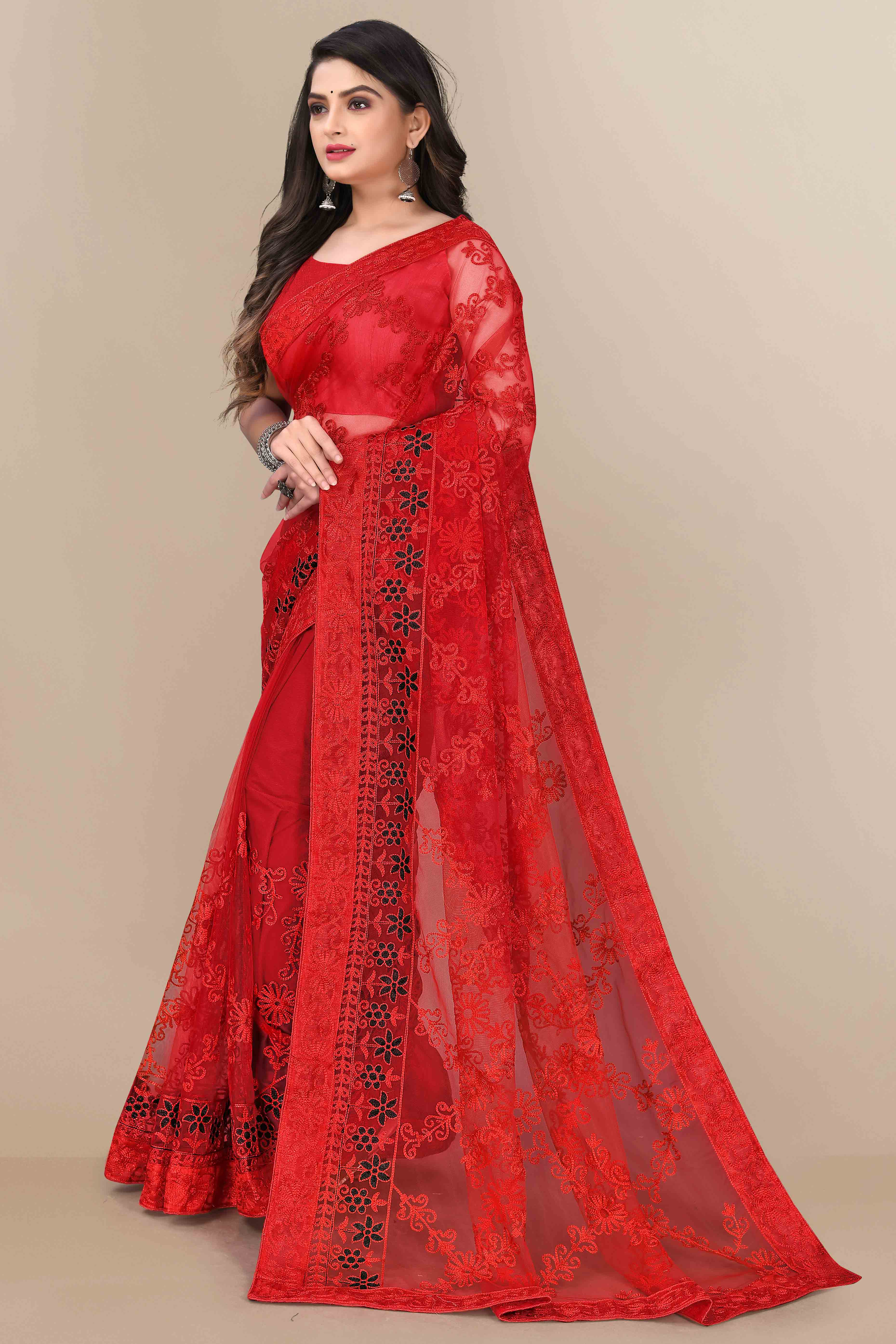 Red Party Wear Net Saree Featuring Rich Floral Embroidery