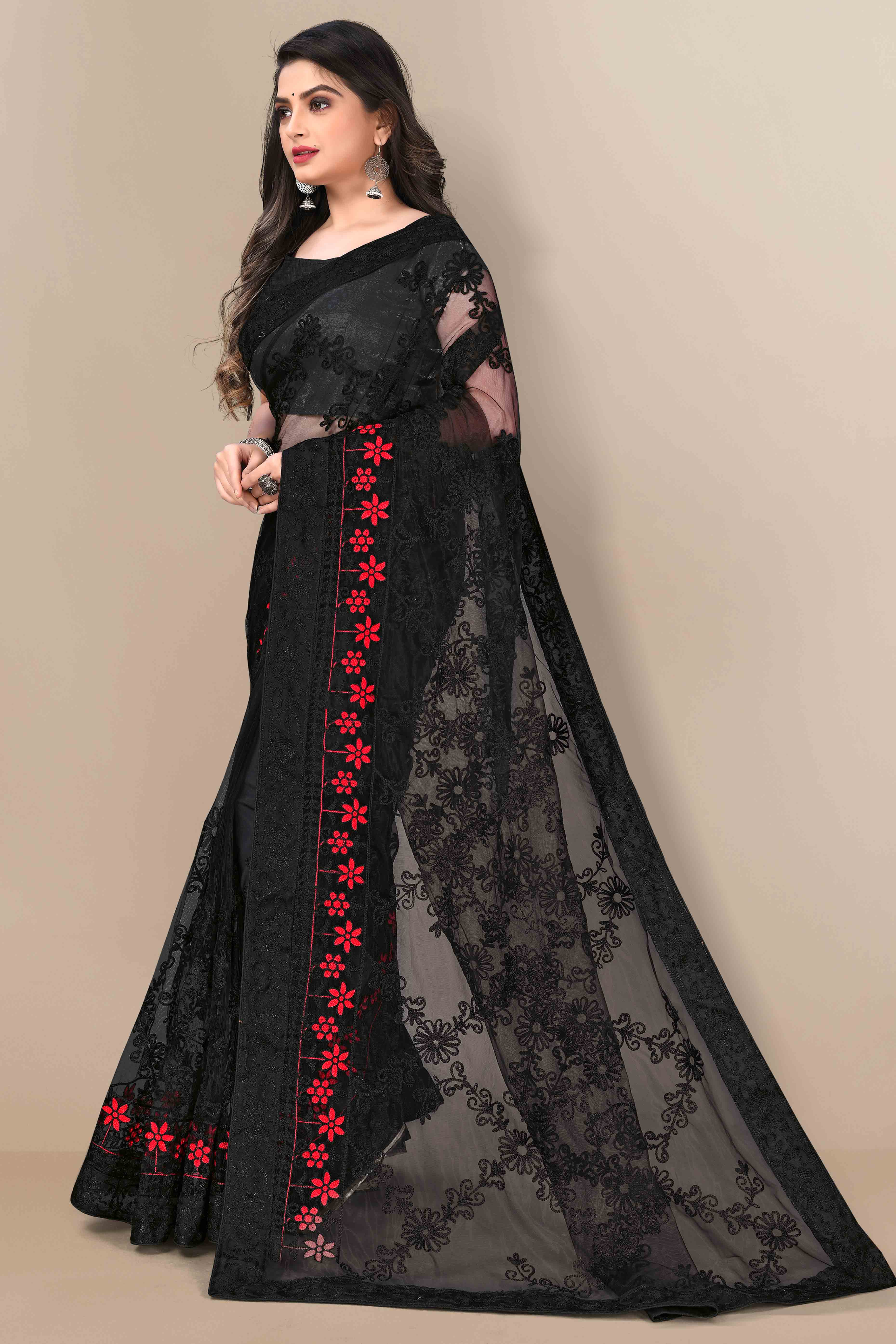 Black Party Wear Net Saree Featuring Rich Floral Embroidery