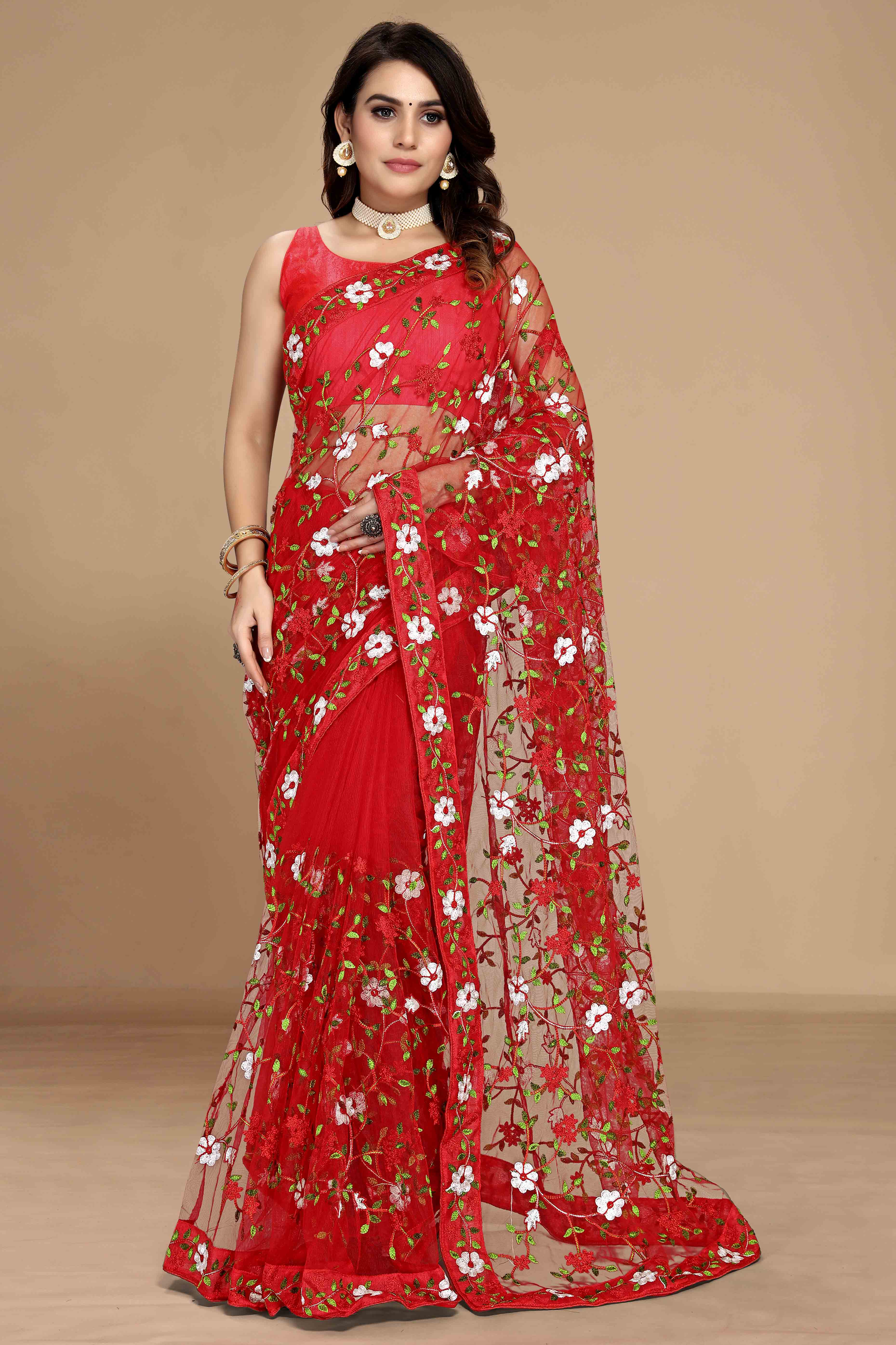 Red Net Saree with All Over Floral Heavy Embroidery