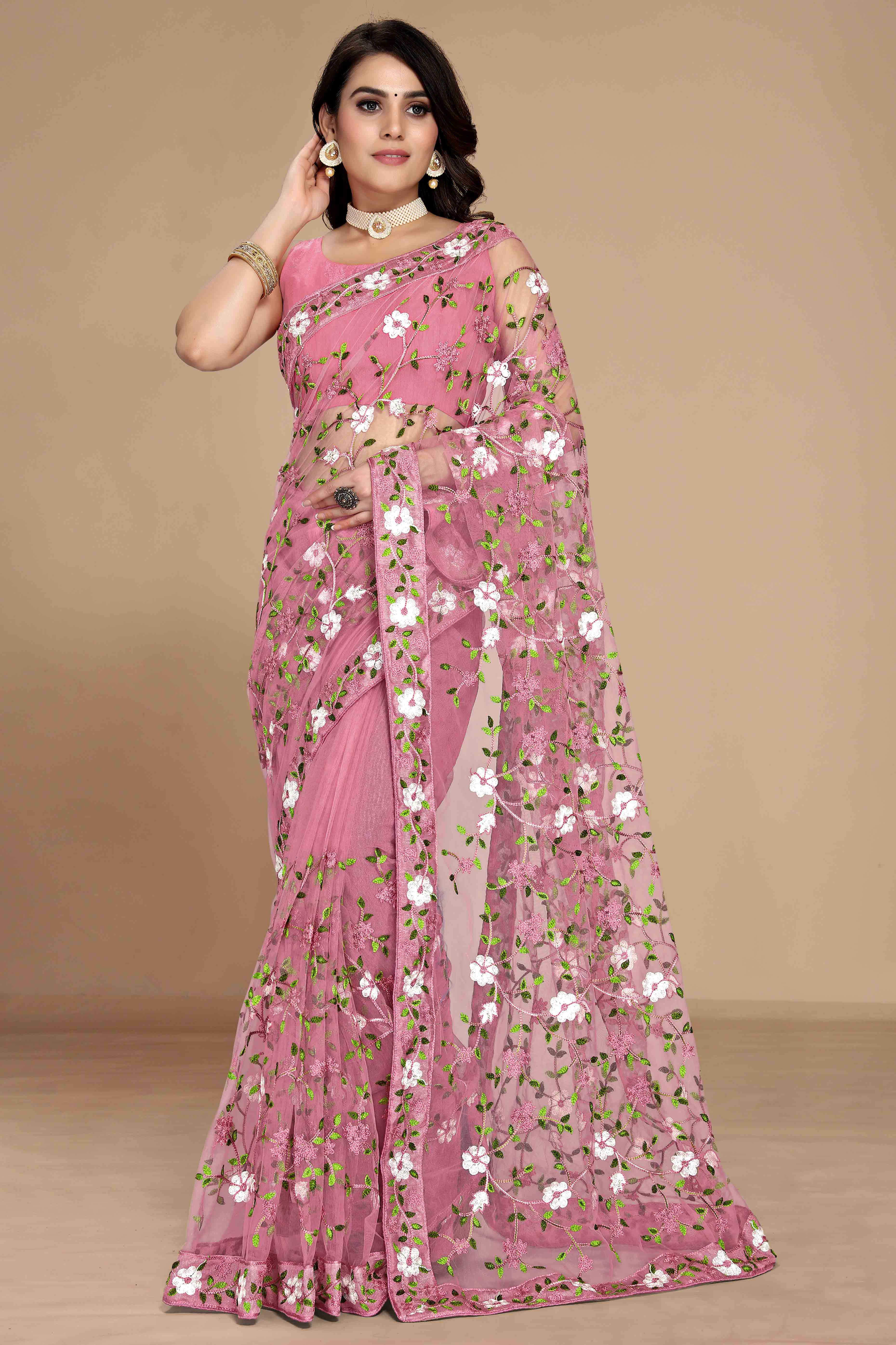 Pink Net Saree with All Over Floral Heavy Embroidery