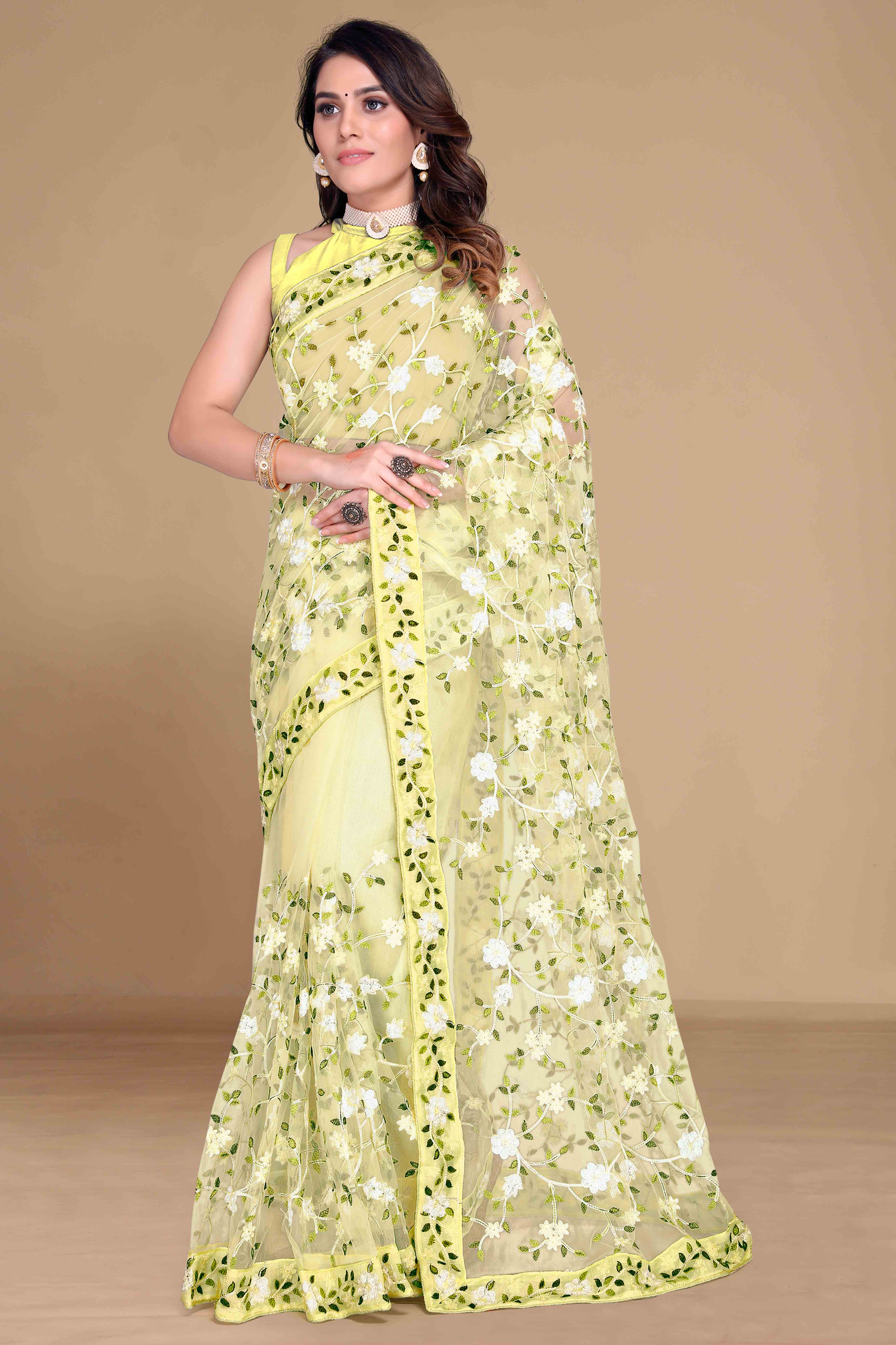 Yellow Net Saree with All Over Floral Heavy Embroidery