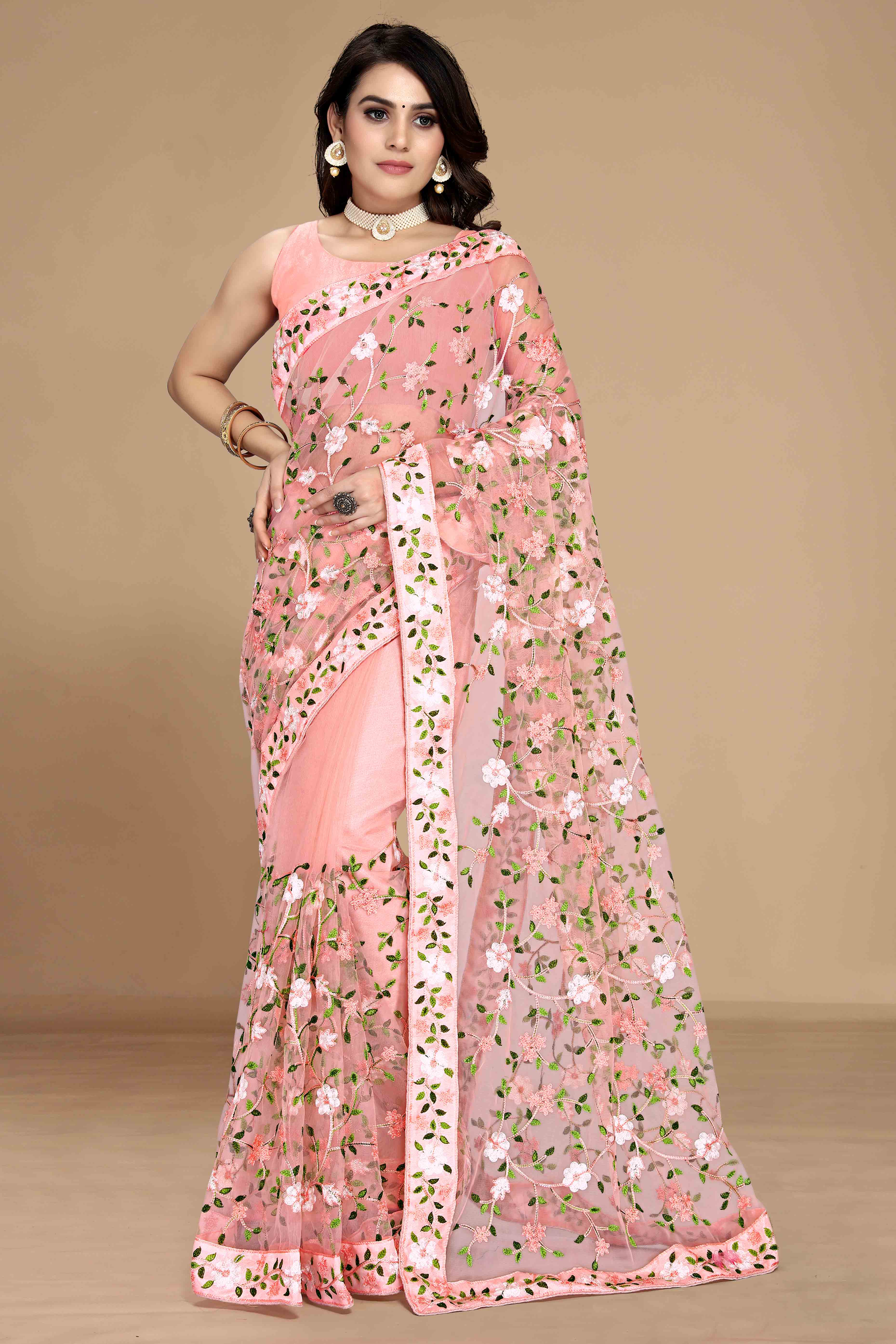 Peach Net Saree with All Over Floral Heavy Embroidery