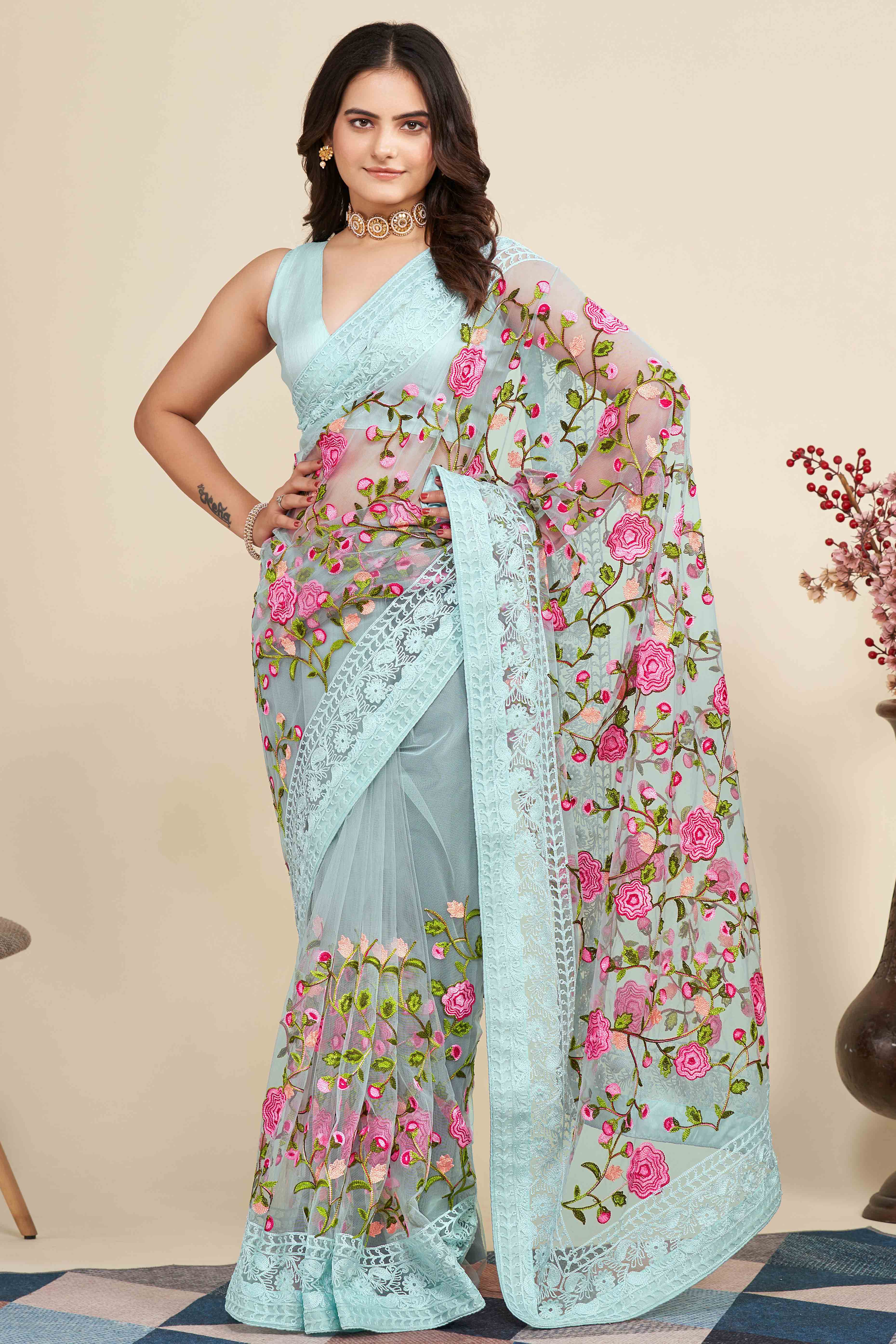 Sky Blue Floral Embroidered Party Wear Saree in Net Fabric with Lavish Detailing