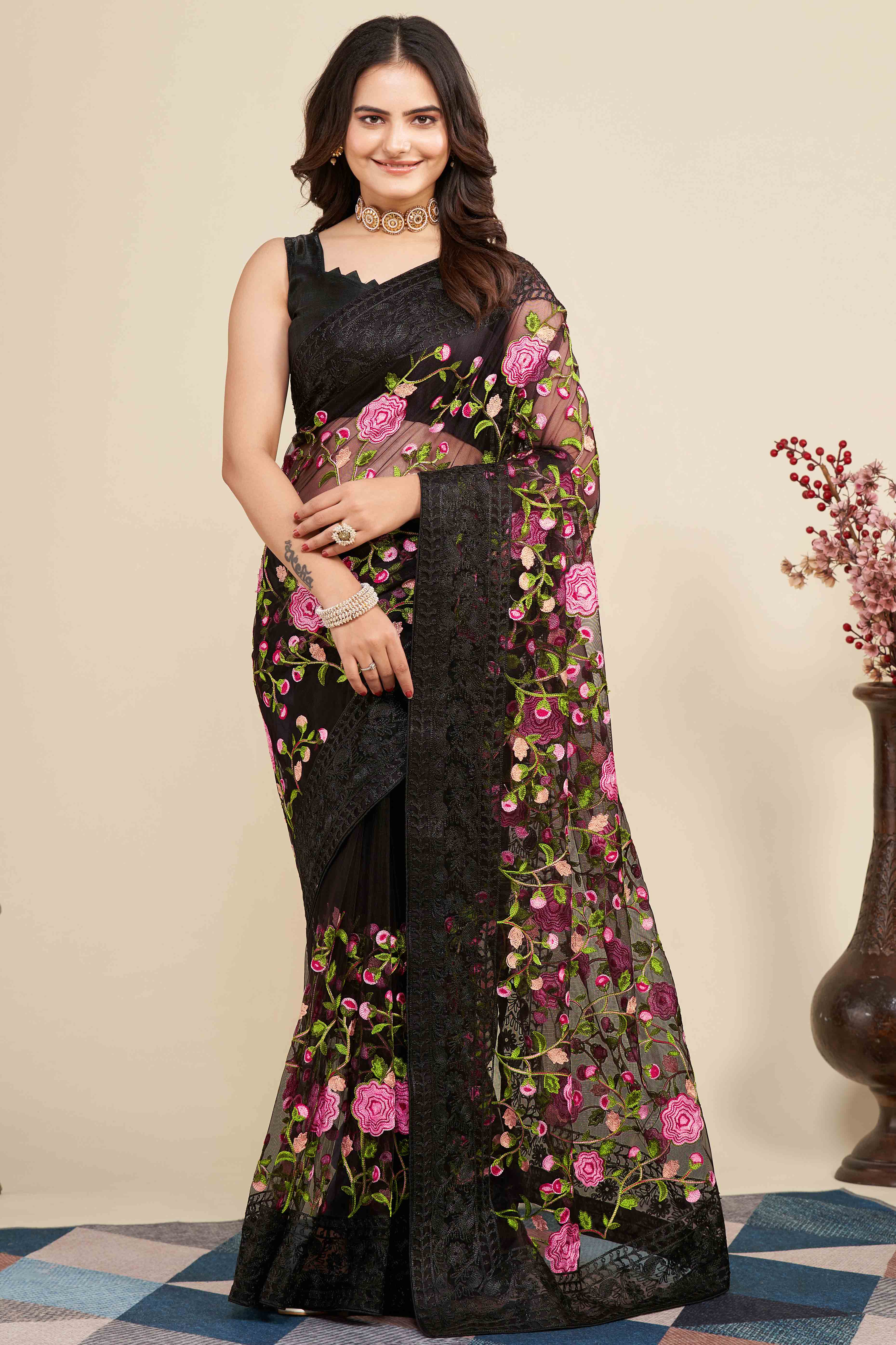 Black Floral Embroidered Party Wear Saree in Net Fabric with Lavish Detailing