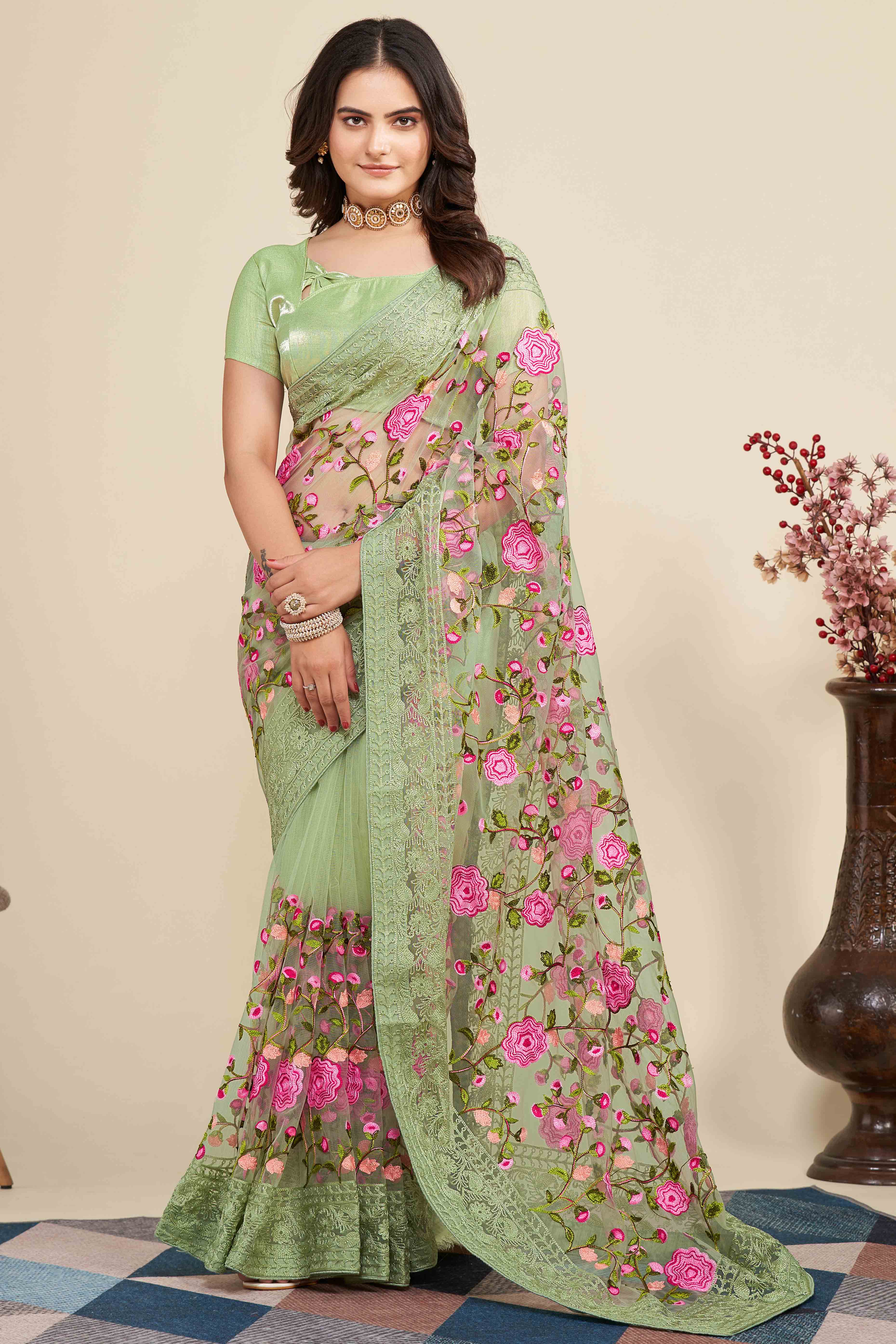 Pista Green Floral Embroidered Party Wear Saree in Net Fabric with Lavish Detailing