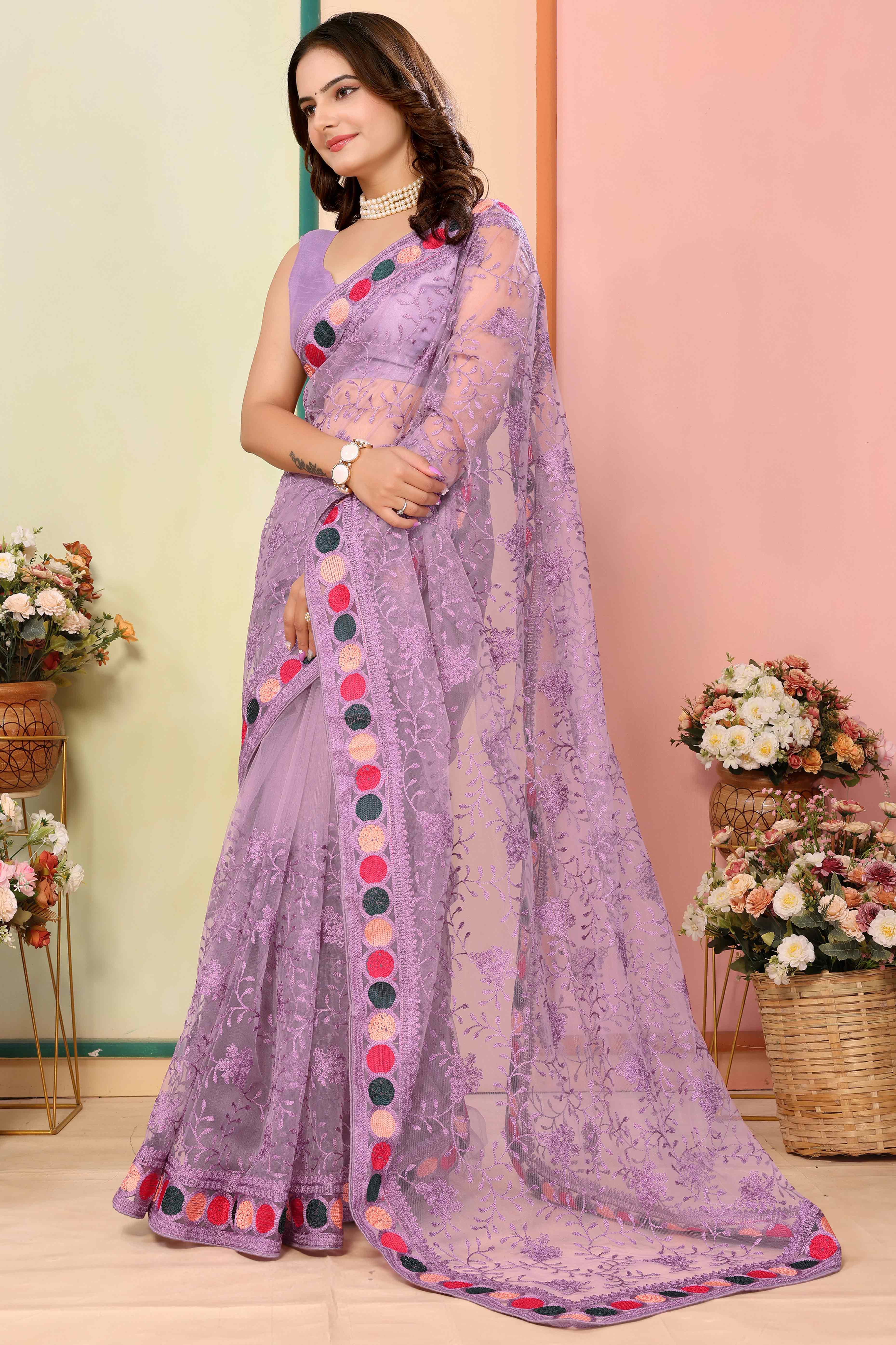 Purple Floral Embroidered Net Saree