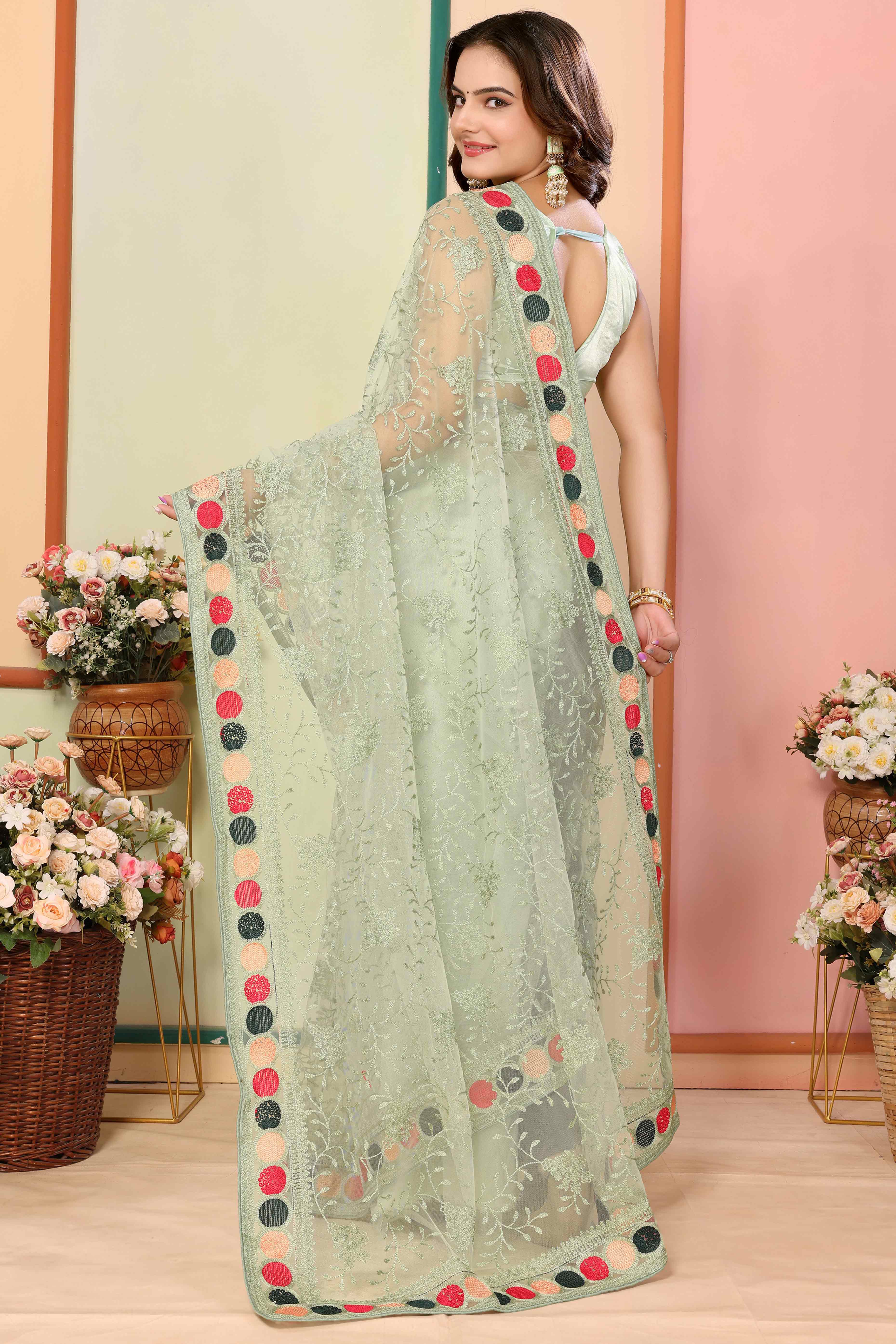 Green Floral Embroidered Net Saree
