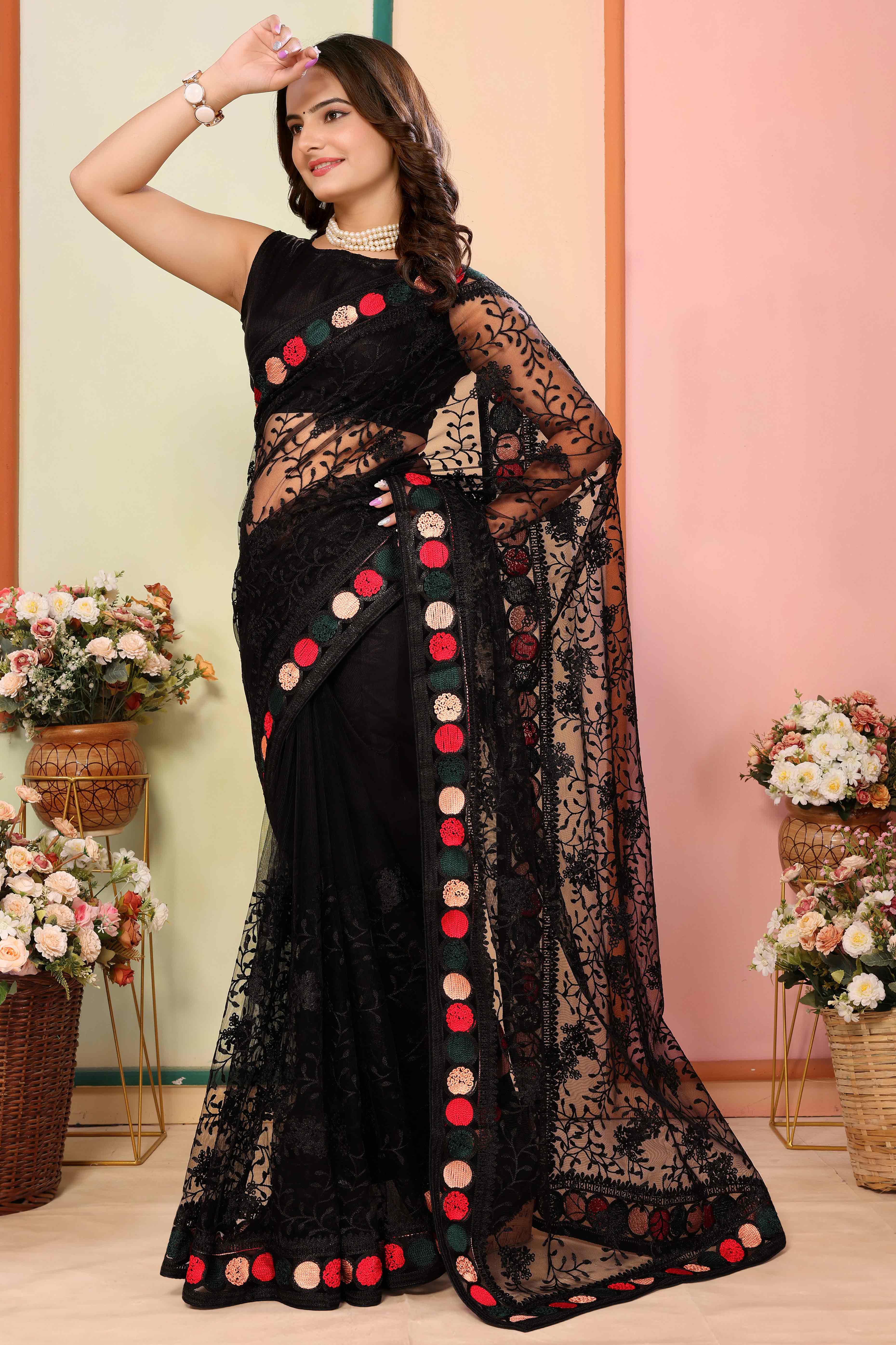 Black Floral Embroidered Net Saree