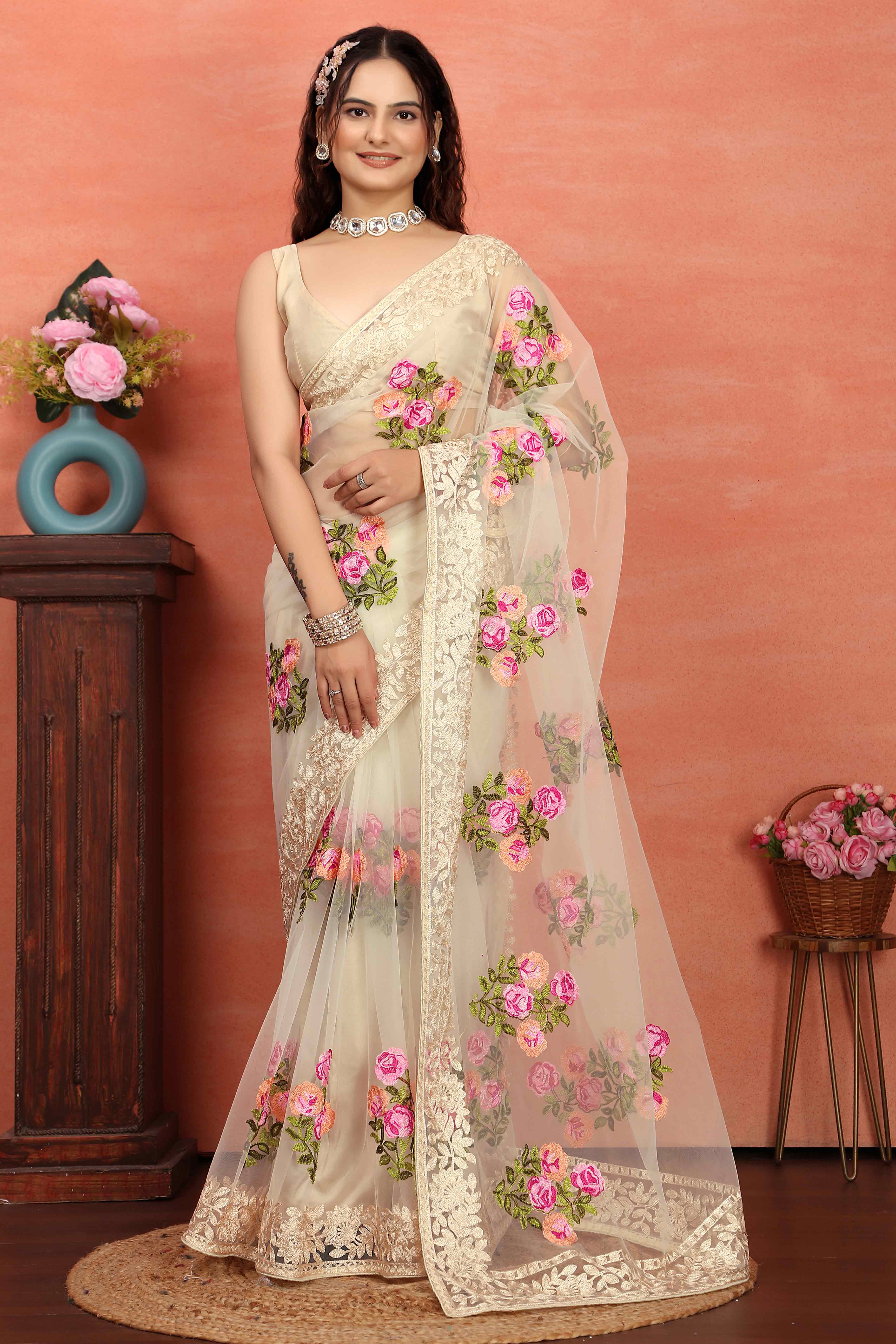 Cream Floral Embroidered Net Saree