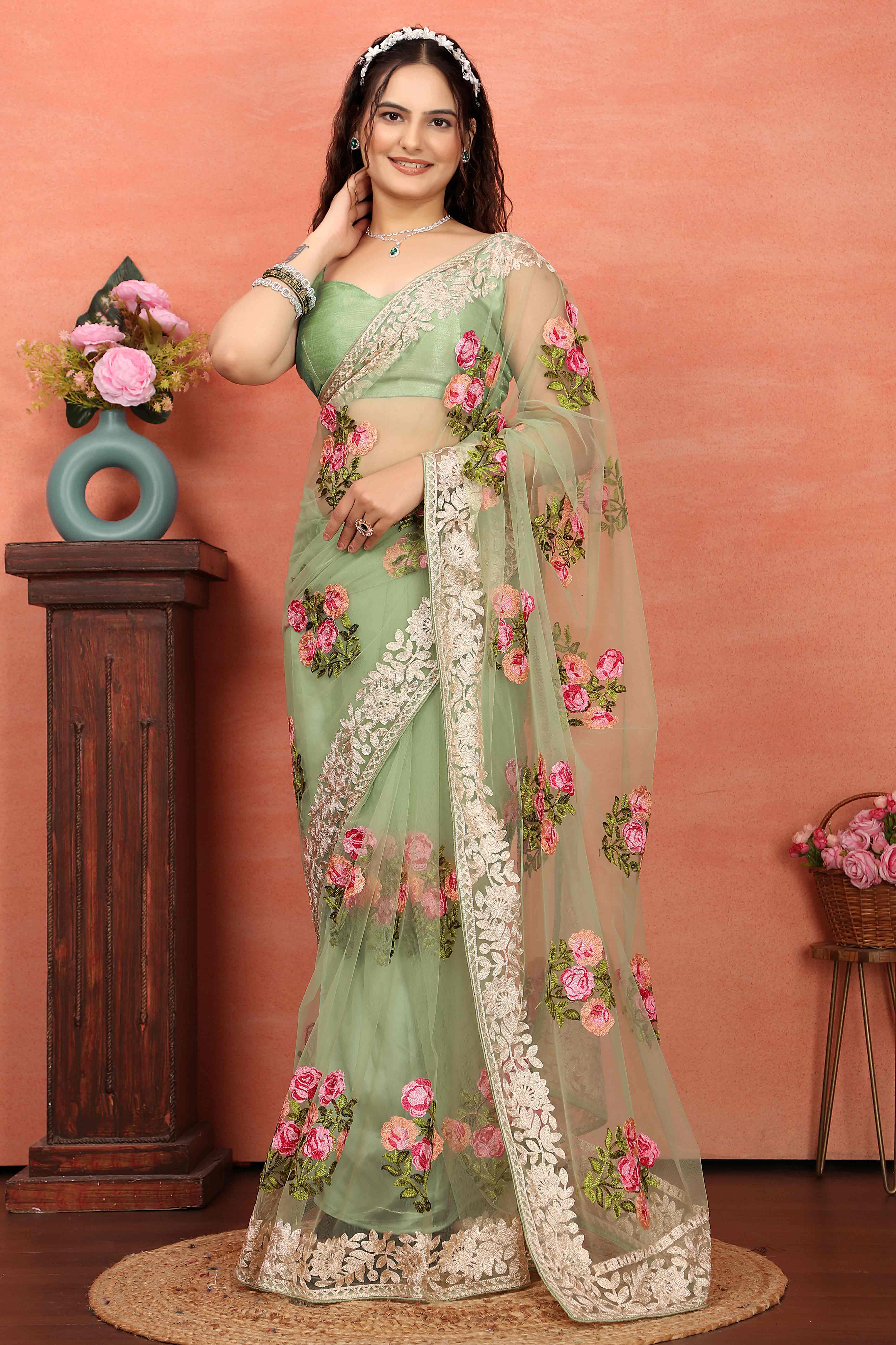 Green Floral Embroidered Net Saree