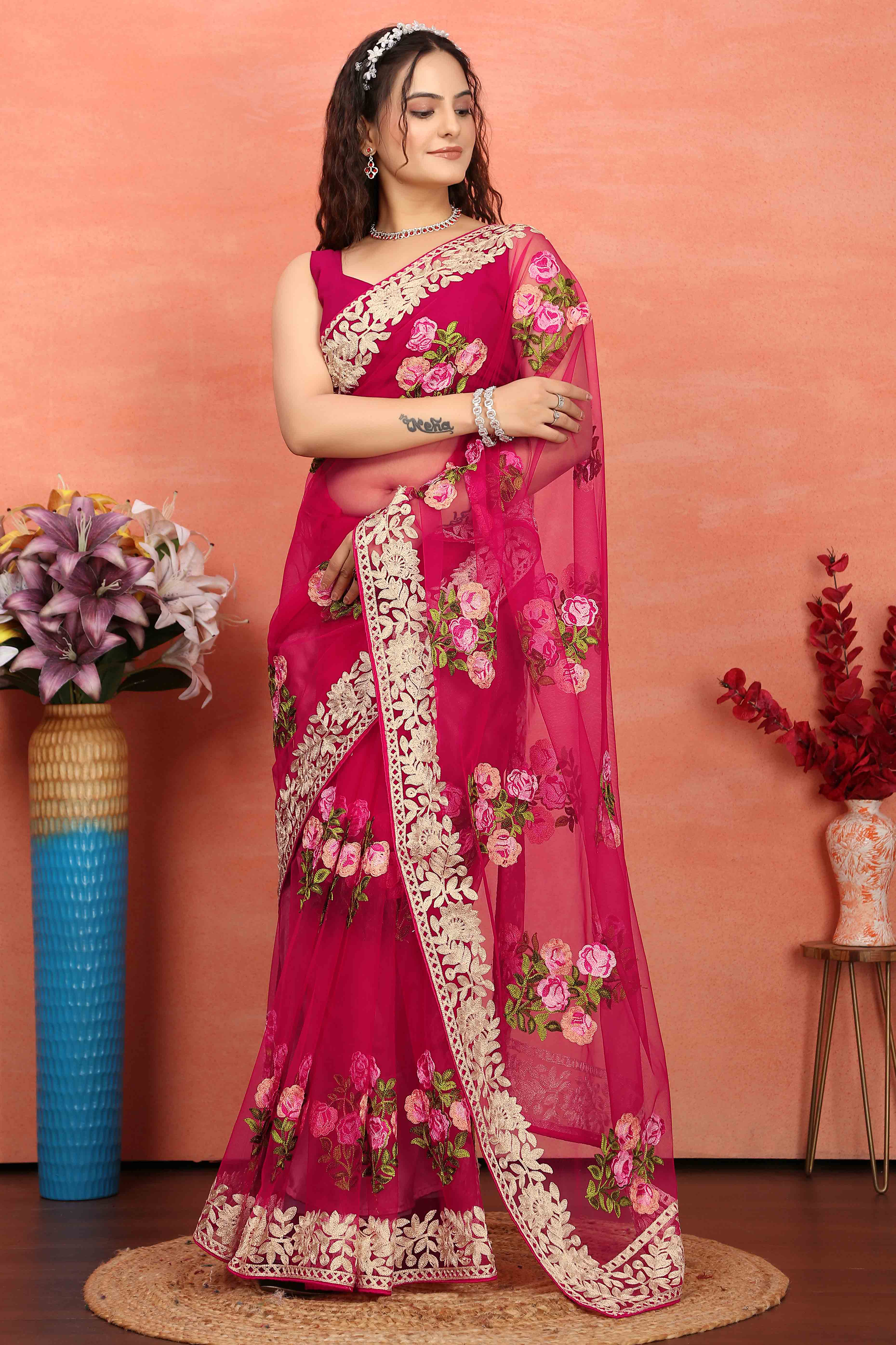 Rani Pink Floral Embroidered Net Saree