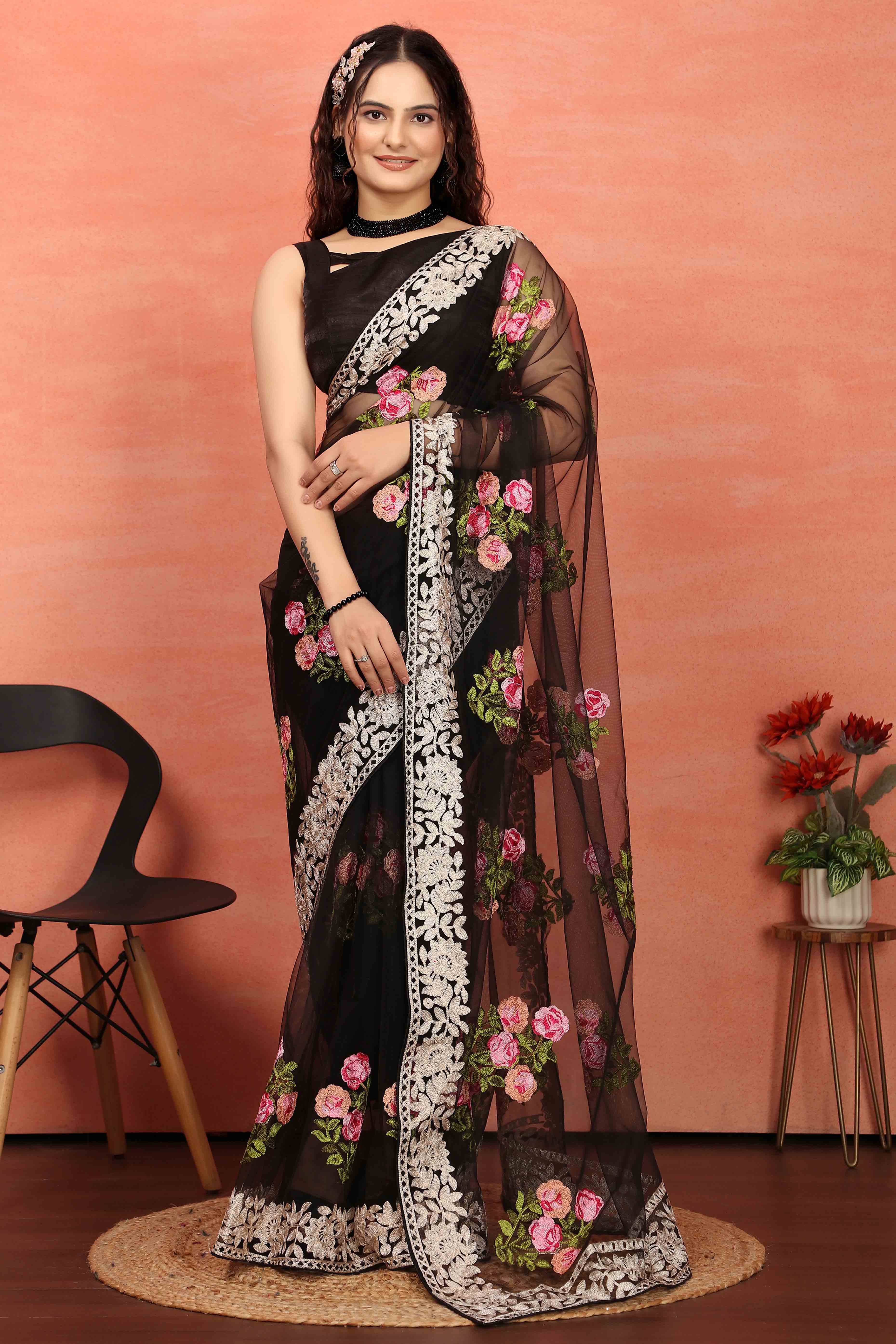 Black Floral Embroidered Net Saree