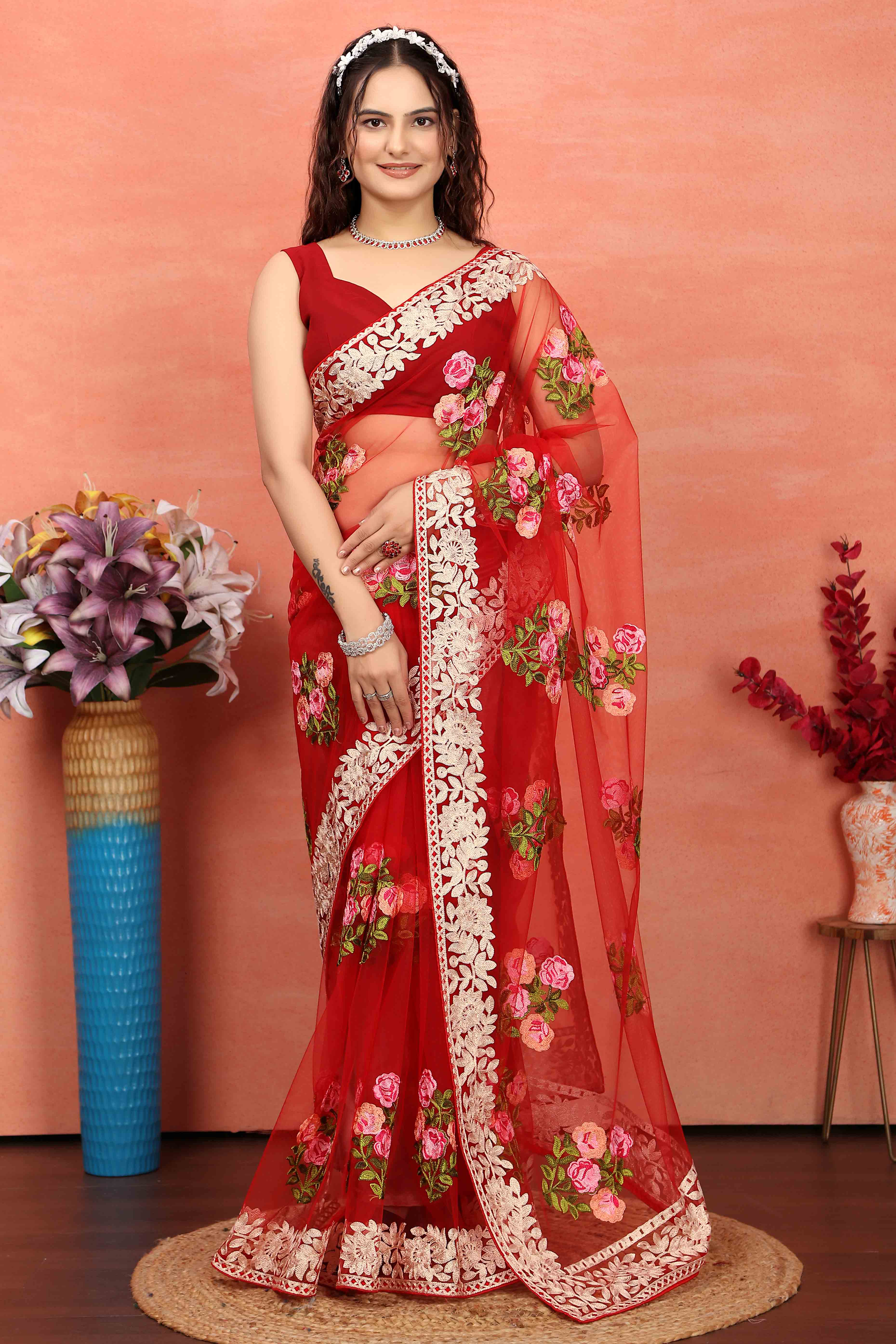 Red Floral Embroidered Net Saree