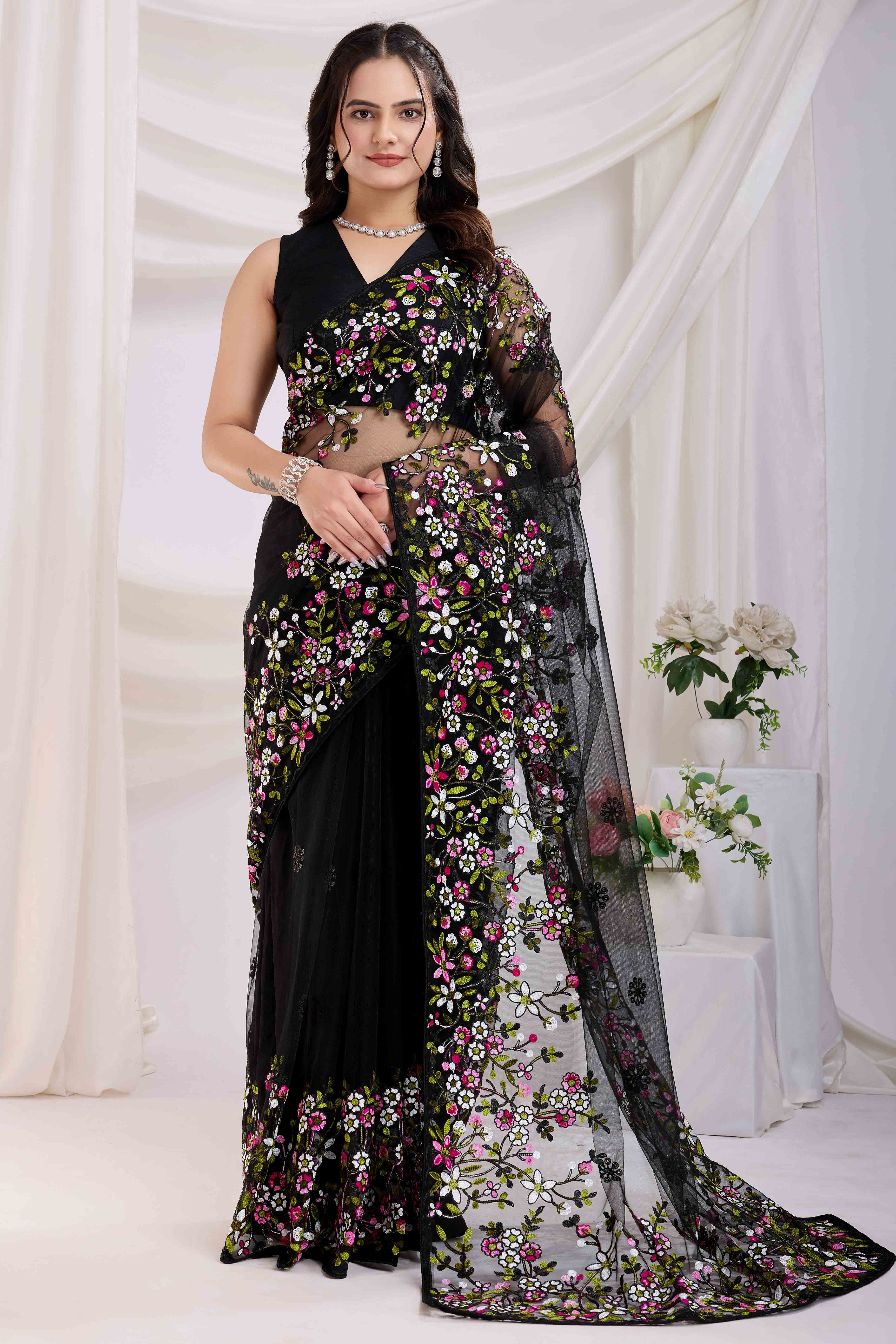 Black Floral Embroidered Net Saree