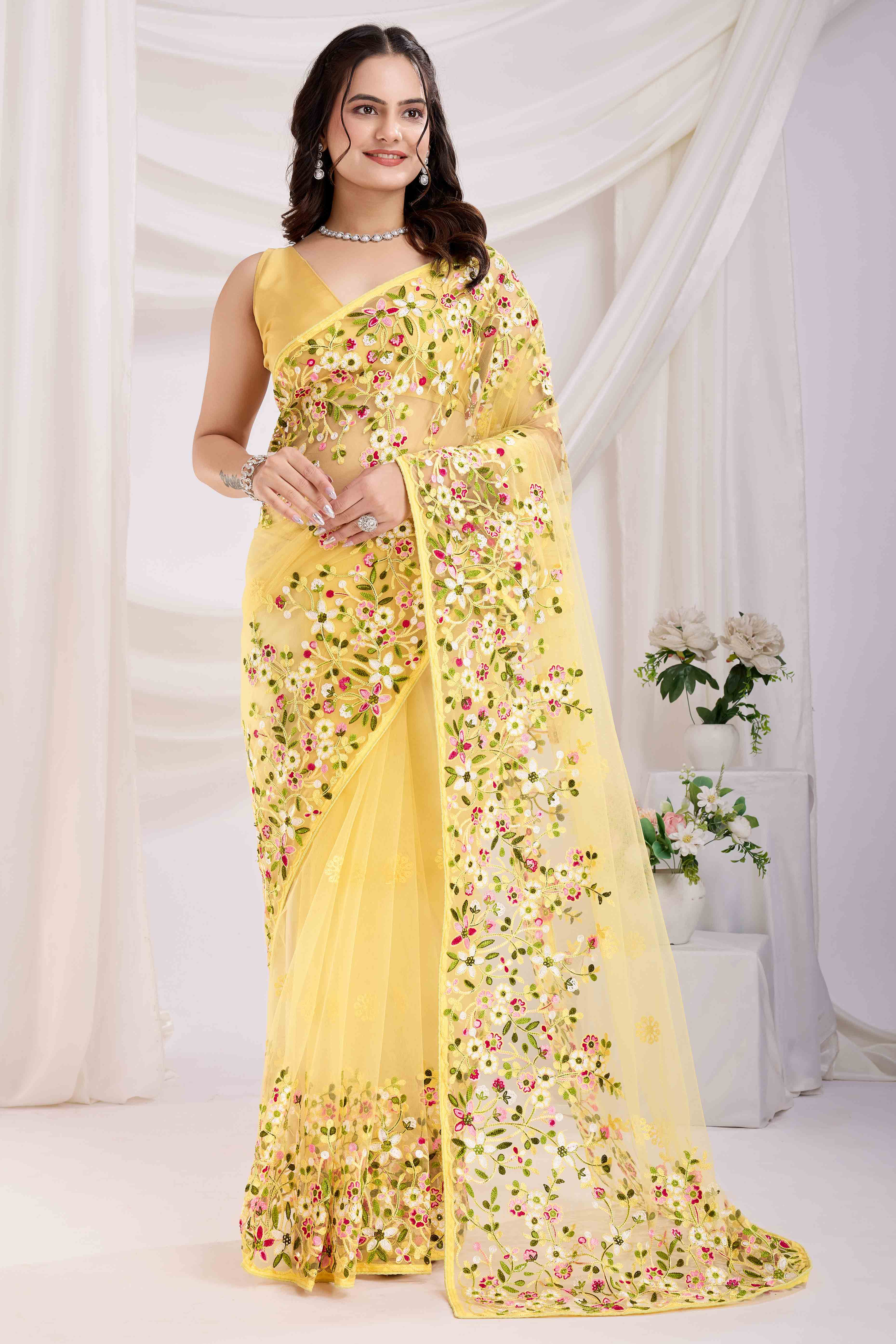 Yellow Floral Embroidered Net Saree