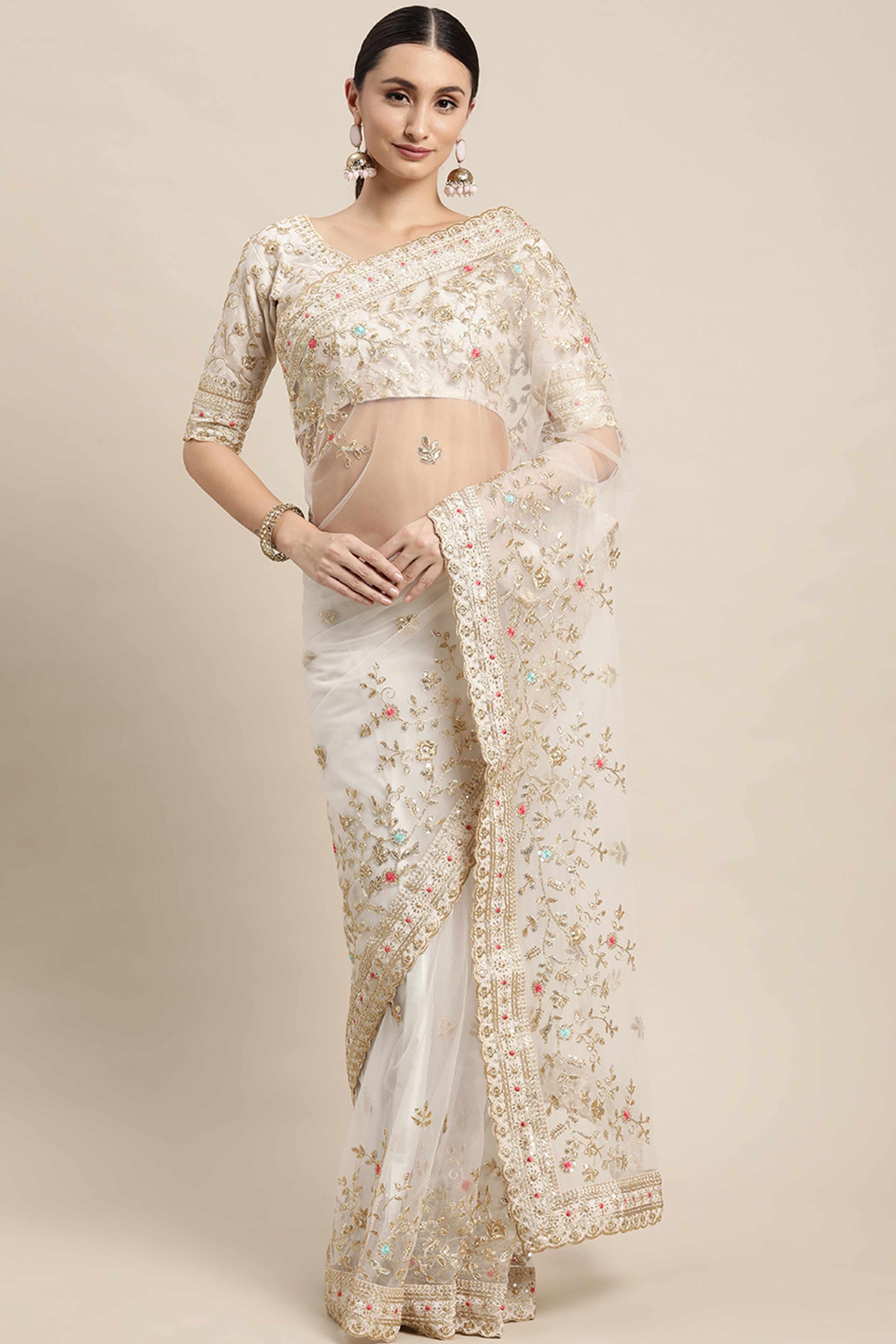 Cream Soft Net Saree With Delicate Floral Embroidery & Shimmering Sequins Work